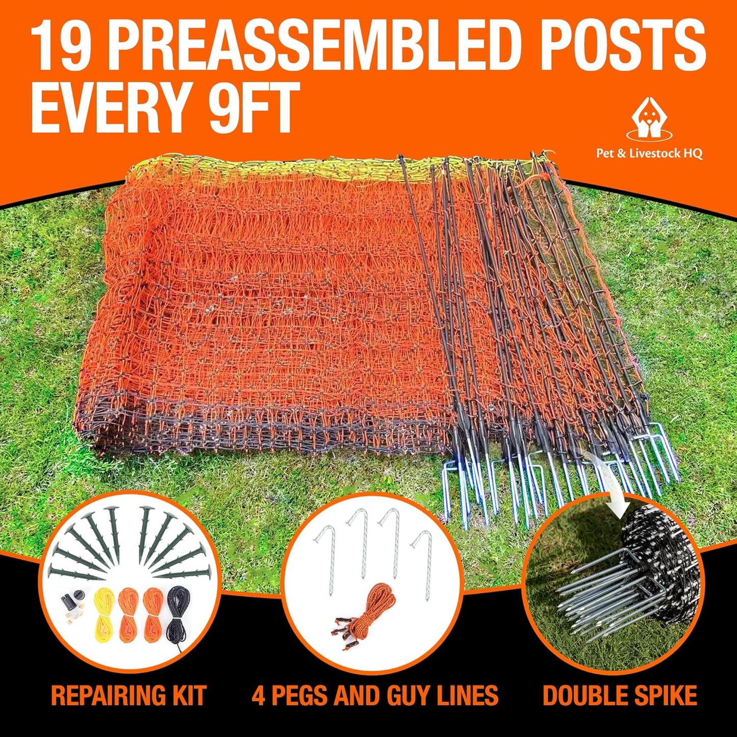 Pet & Livestock HQ Electric Fence Poultry Netting 48" x 164' - Portable Pre-Assembled Electric Net Fencing for Goats, Sheep, Lambs in Farms, Ranches, and Gardens (19 Posts, 2 Spikes)