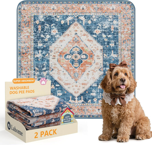 Lahome Super Absorbent & Leakproof Washable Dog Pee Pads - 2 Pack Value Set - Waterproof, Non-Slip Reusable Pads for Puppy Training, Crates & Whelping (24"x24", Beige Blue)