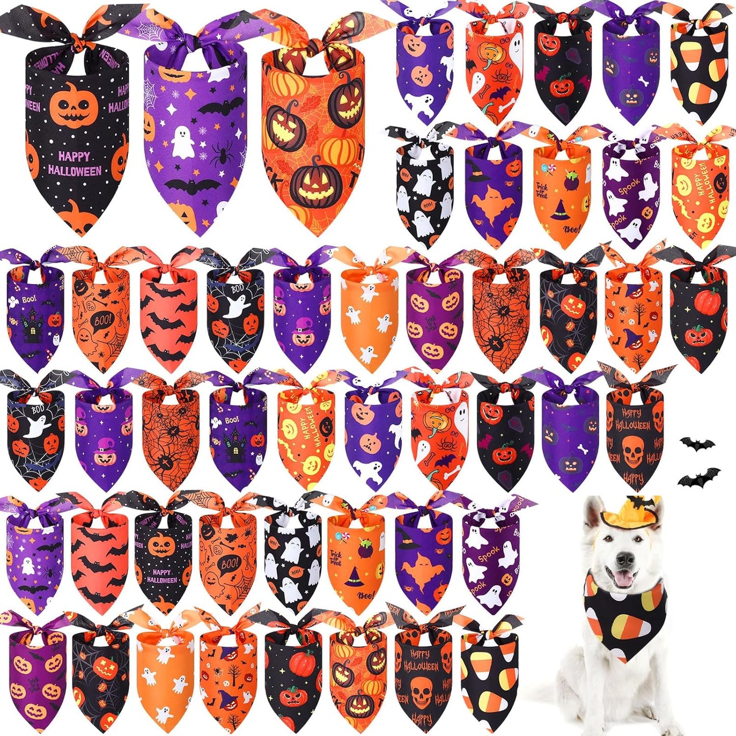 Abbylike 50 Pcs Halloween Dog Bandanas Bulk Pumpkin Bandanas for Dogs Triangle Kerchief Bibs Scarf Set for Pet Halloween Costume Photo Props Accessories Pet Shops, 25 Styles (31.5 x 21.7 x 21.7")