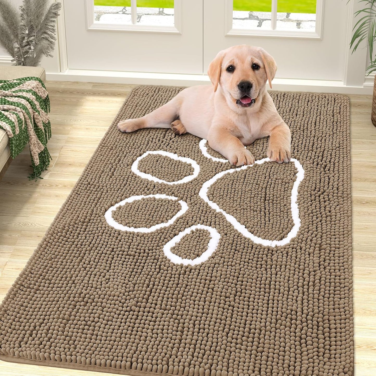 Smiry Dog Door Mat for Muddy Paws, Absorbent Dirt Trapper Non Slip Quick Dry Washable Chenille Mat for Mud Dogs, Entry Rug for Indoor and Outdoor (47x32 Inches, Camel)
