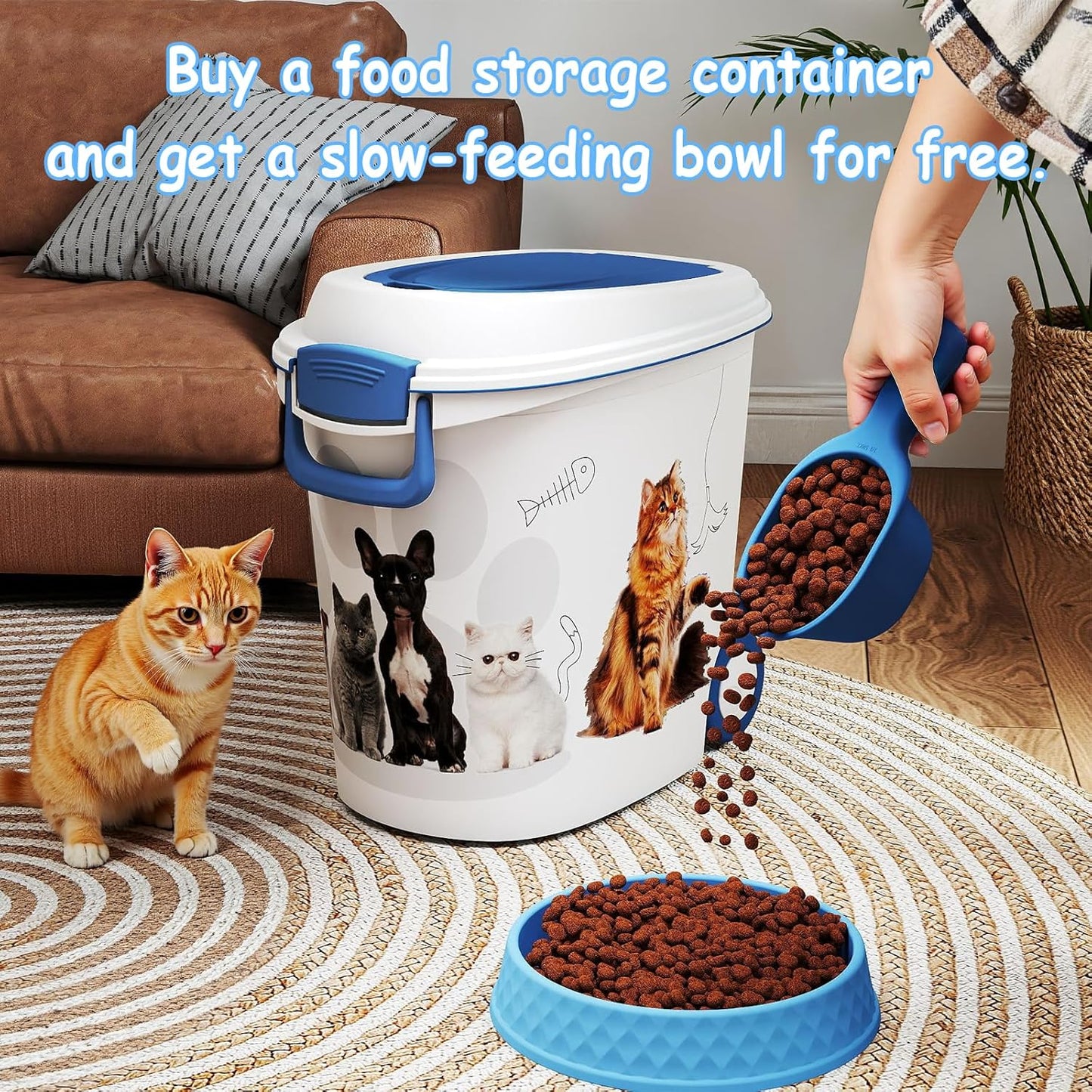 Pet Food Storage Container with Scoop & Slow Feeder Bowl – 40LB Large Capacity Dog Cat Food Dispenser, Durable Resin Dry Kibble Keep Food Fresh Organizer for Dogs Cats Birds, Blue