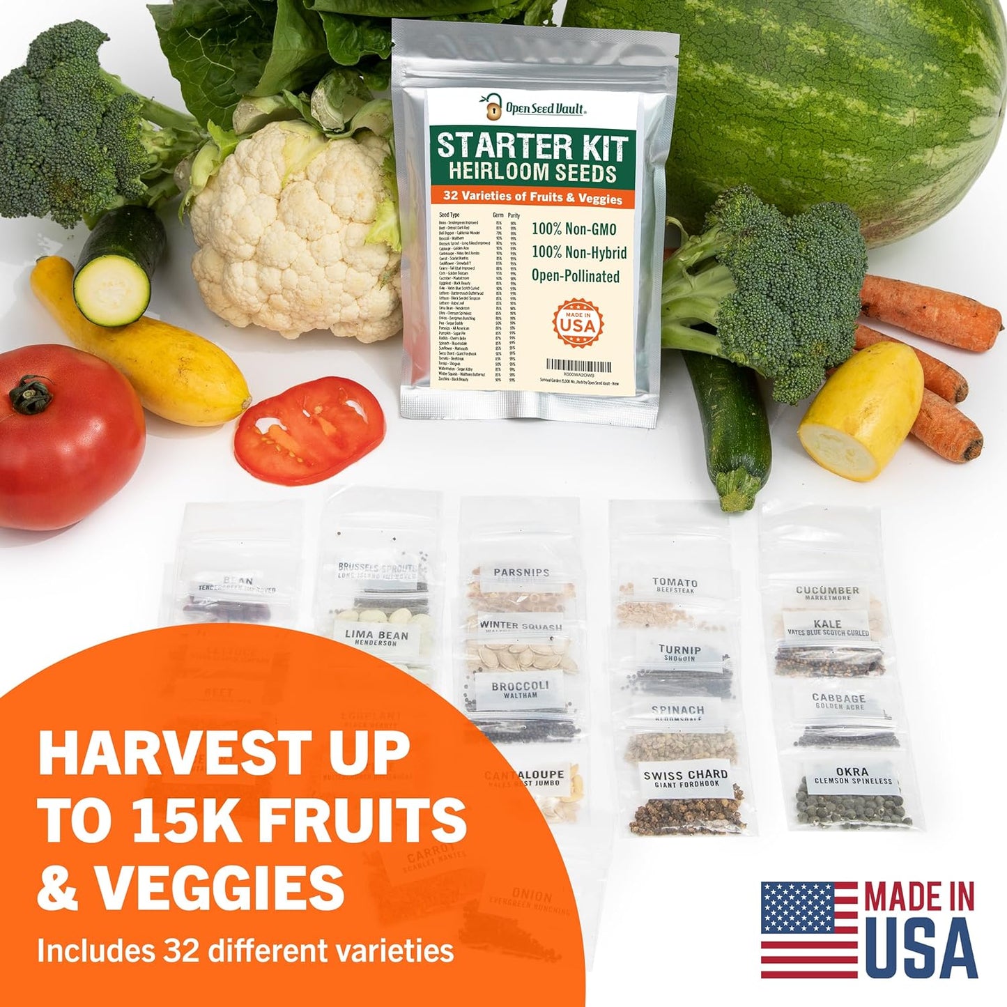 Open Seed Vault 15,000 Non GMO Heirloom Vegetable Seeds for Planting Vegetables and Fruits - 32 Variety Pack of Vegetable Seeds for Gardening, Survival Gear, Seed Vault Emergency Supplies Kit