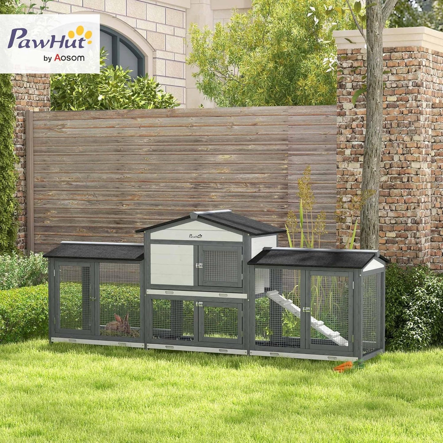 PawHut 90.5" Wooden Rabbit Hutch Bunny Cage Pet Playpen House Enclosure with Double Side Run Boxes, No Leak Tray, Ramp, for Guinea Pig and Small Animals, Light Gray