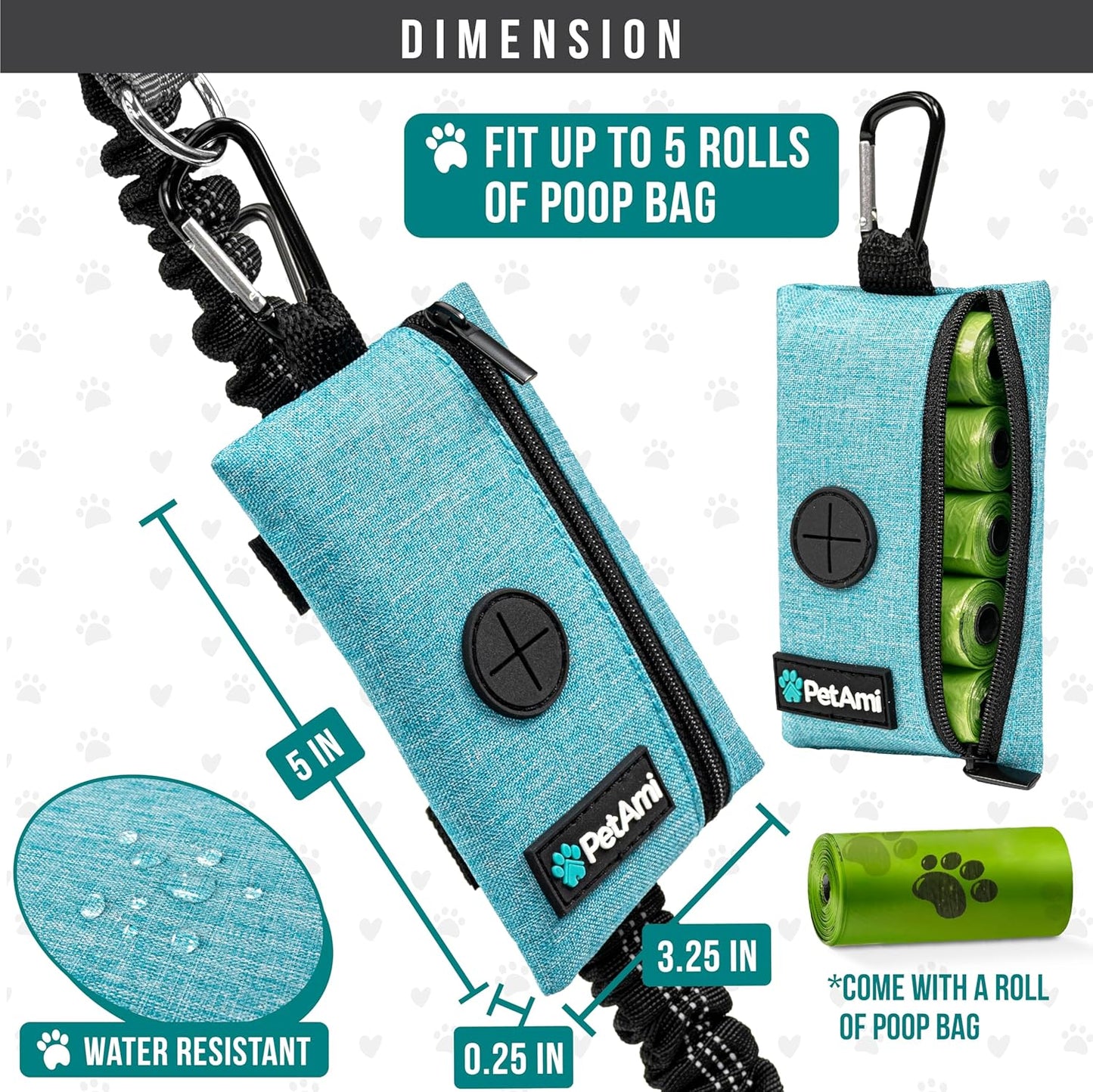 PetAmi Dog Poop Bag Holder for Leash, Dog Waste Bag Dispenser with Clip, Doggy Walking Accessories with Trash Bag Roll, Blue 1 Pack