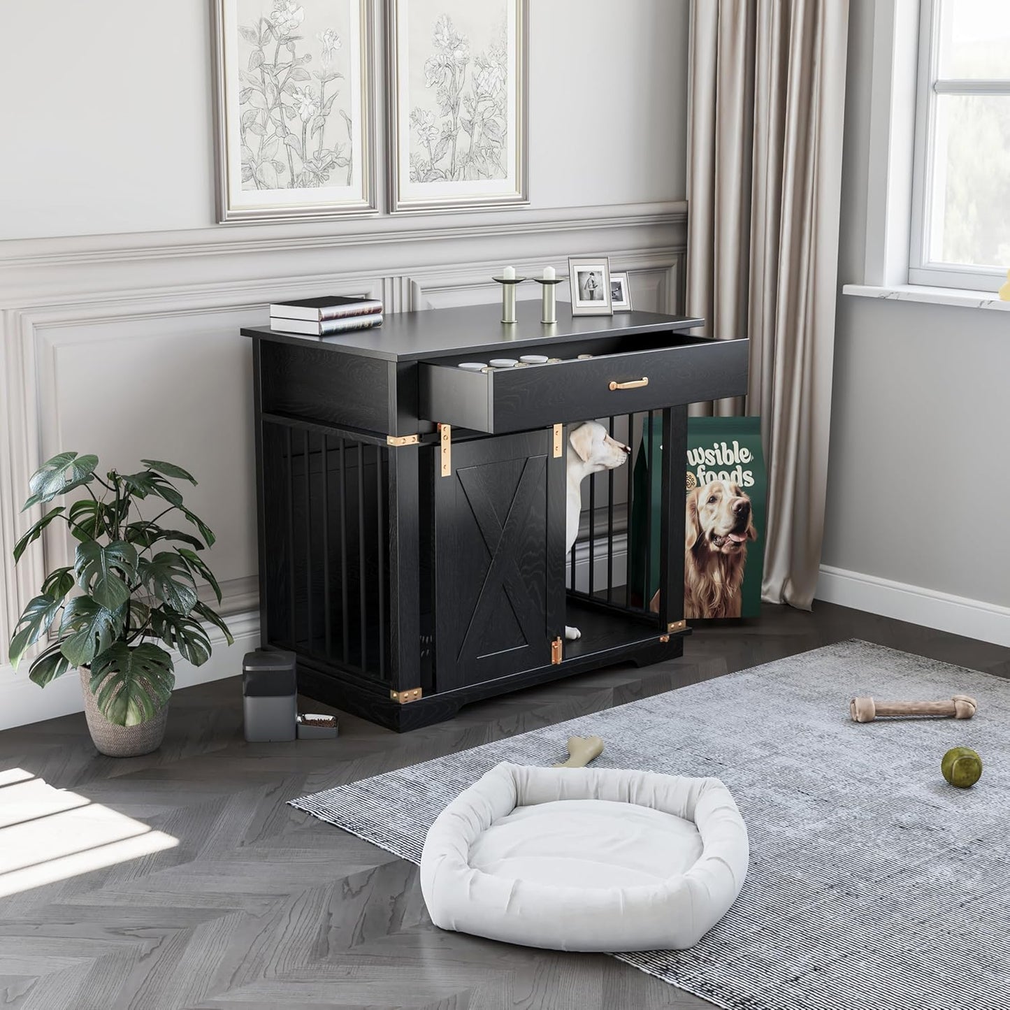 LZUUOB 37.8'' Dog Crate Furniture with Storage Drawer, Decorative Wooden Dog Kennel with Sliding Barn Door, Indoor Water Resistant Cage for Pet, Small, Medium, Large Dog (Black Gold Oak)