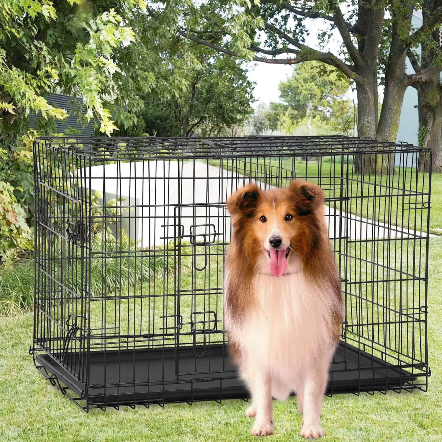 FDW Extra Large Dog Crate Dog Kennel Cage with Double Door,48 inch Folding Metal Wire Dog Cage with Removable Tray&Divider Panel,Pet Crate for Large Dogs,Black