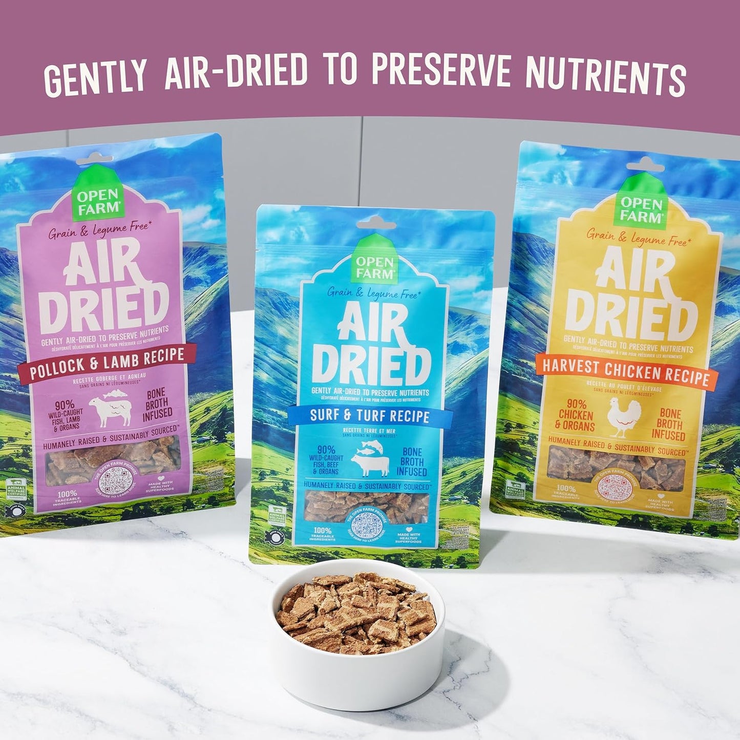 Open Farm, Air Dried Dog Food Infused with Bone Broth, Grain & Legume Free, Complete Meal or Food Topper, Pollock & Lamb Recipe, 1lb Bag