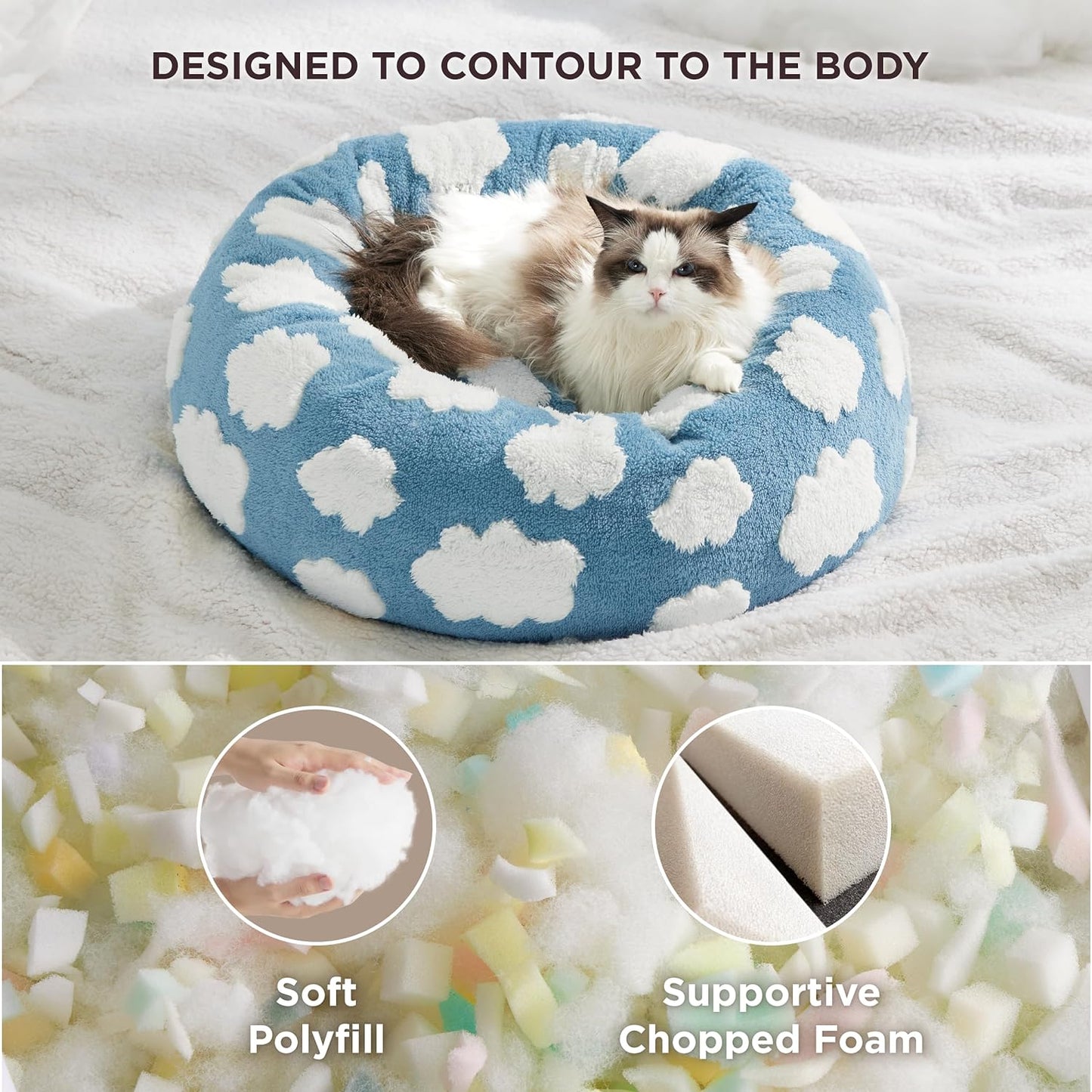 LE SURE Donut Cat Beds for Indoor Cats - Small Round Dog Bed for Calming Pets with Washable Cover, Cute Modern Puppy Beds with Jacquard Shaggy Plush & Anti Slip Bottom, 20 Inch, Blue