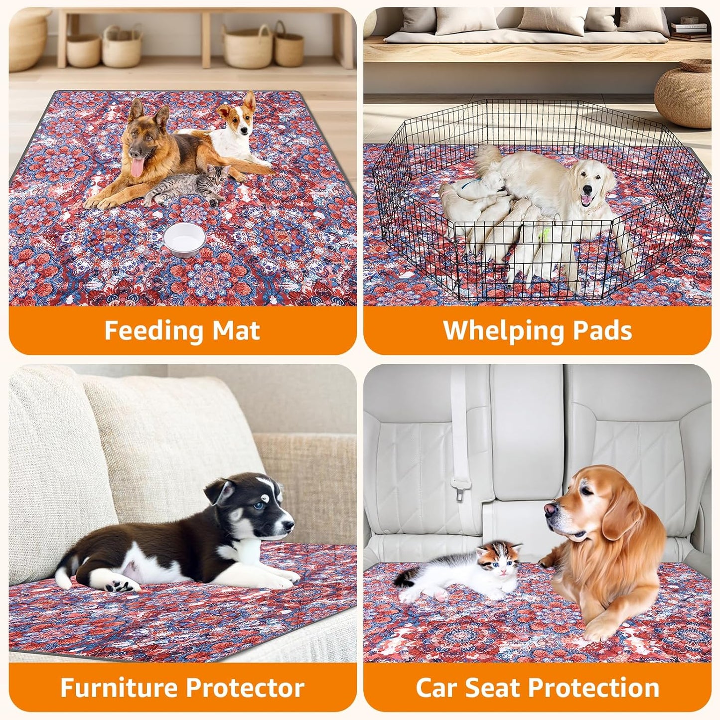 LOOBANI Washable Pee Pads for Dogs, 2 Pack Super Absorbent Reusable Puppy Pads Leakproof Dog Traning Pads, Waterproof Non-Slip Whelping Pad for Floor, Playpen, Crate, Couch-36 x36 (Red Flower)