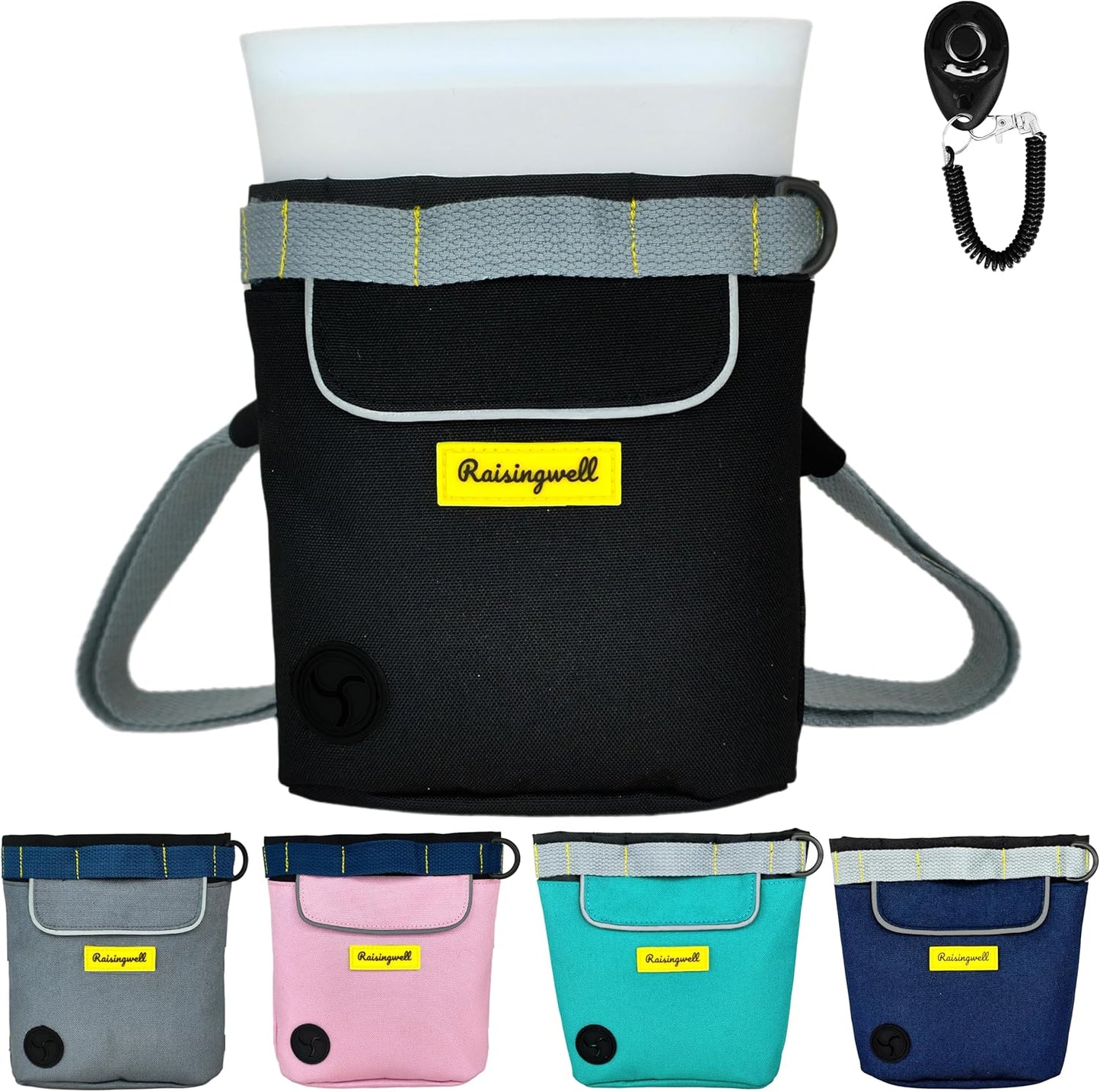 Dog Treat Pouch for Pet Walking and Training with Clicker 2 Cup Silicone Bag Small Fanny Pack Holder for Puppy Snack Dispenser Kit for Leash and Outdoor Use (Black)