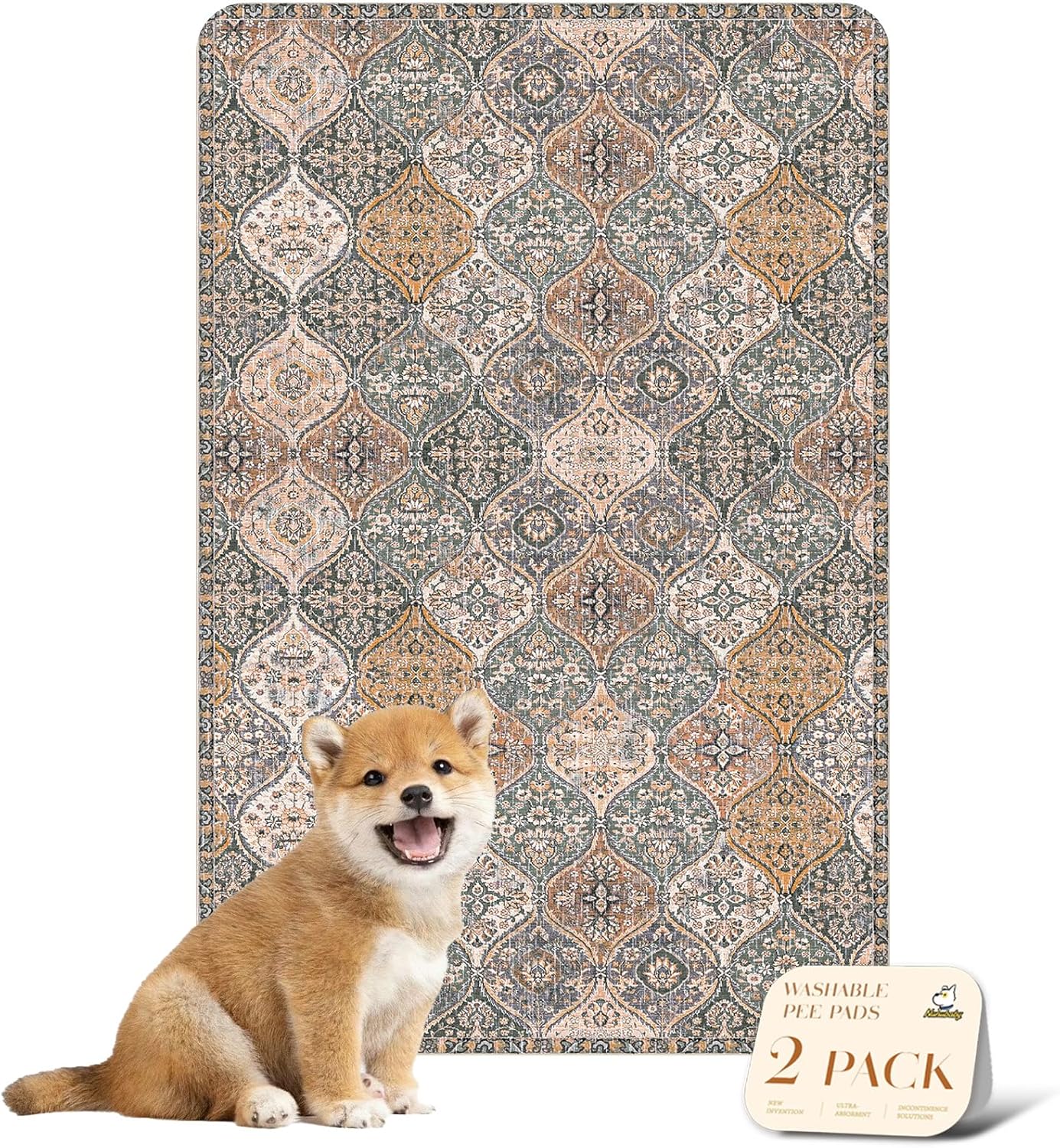 nunubaby Washable Pee Pads for Dogs, Stylish, Non-Slip and Leak-Proof Pee Pads. Reusable Potty Pads for Dogs for Crates and Floors.(Brown/Multi, 24" x36")