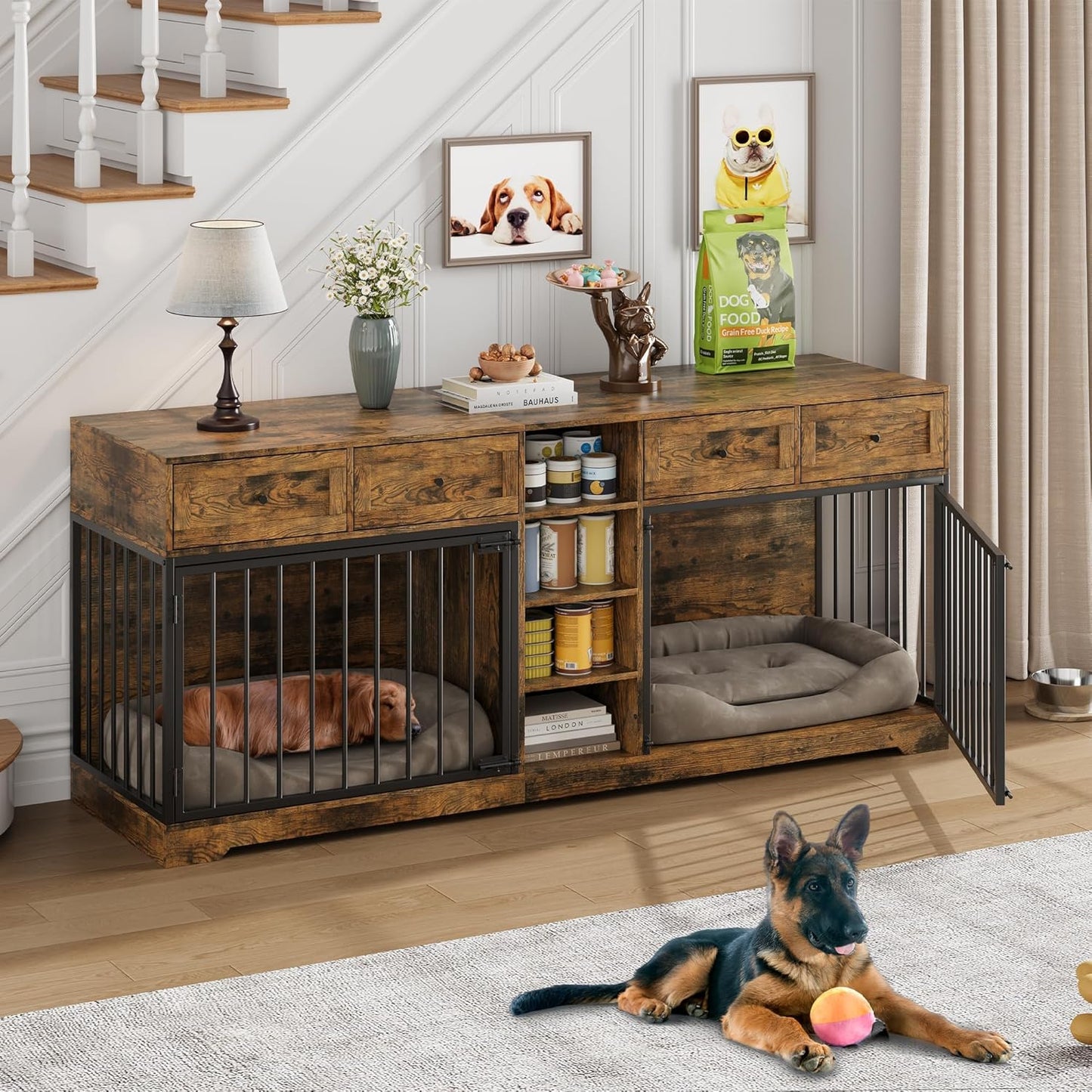 GarveeHome 82” Double Dog Crate Furniture, Large Dog Kennel Indoor for 2 Dogs, Heavy Duty Wooden Dog Crate TV Stand with 4 Drawers and Shelves, Brown