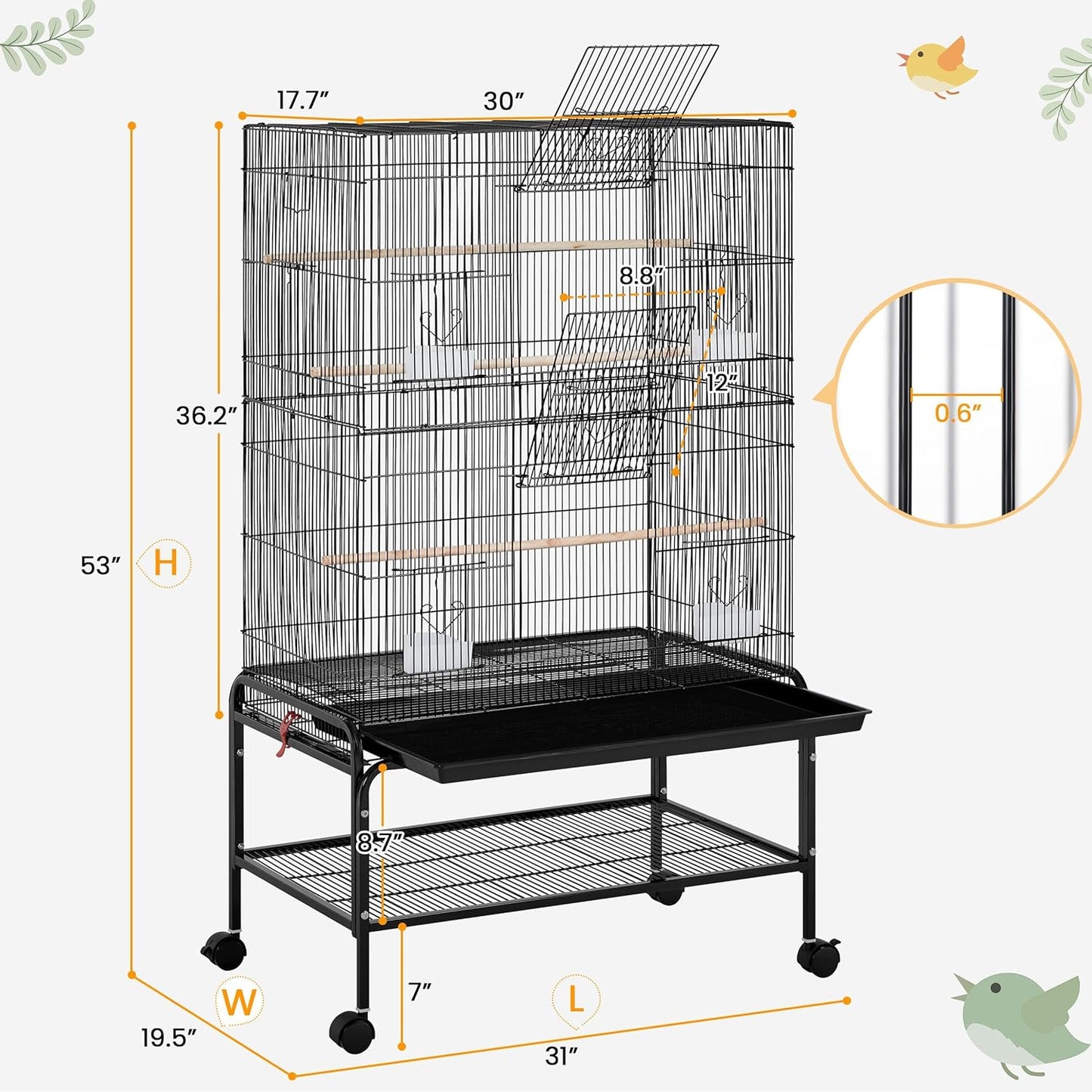Yaheetech 53'' Large Bird Cage Budgie Cage for Parakeets Cockatiels Conures Lovebirds Parrots with Rolling Stand