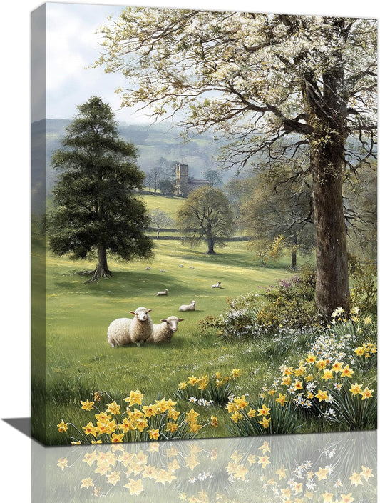 Country Sheep Canvas Wall Decor Farmhouse Rustic Lamb Wildflower Wall Art Nature Countryside Landscape Pictures Painting Print Framed Artwork Decorations for Bathroom Living Room Bedroom 12"x16"