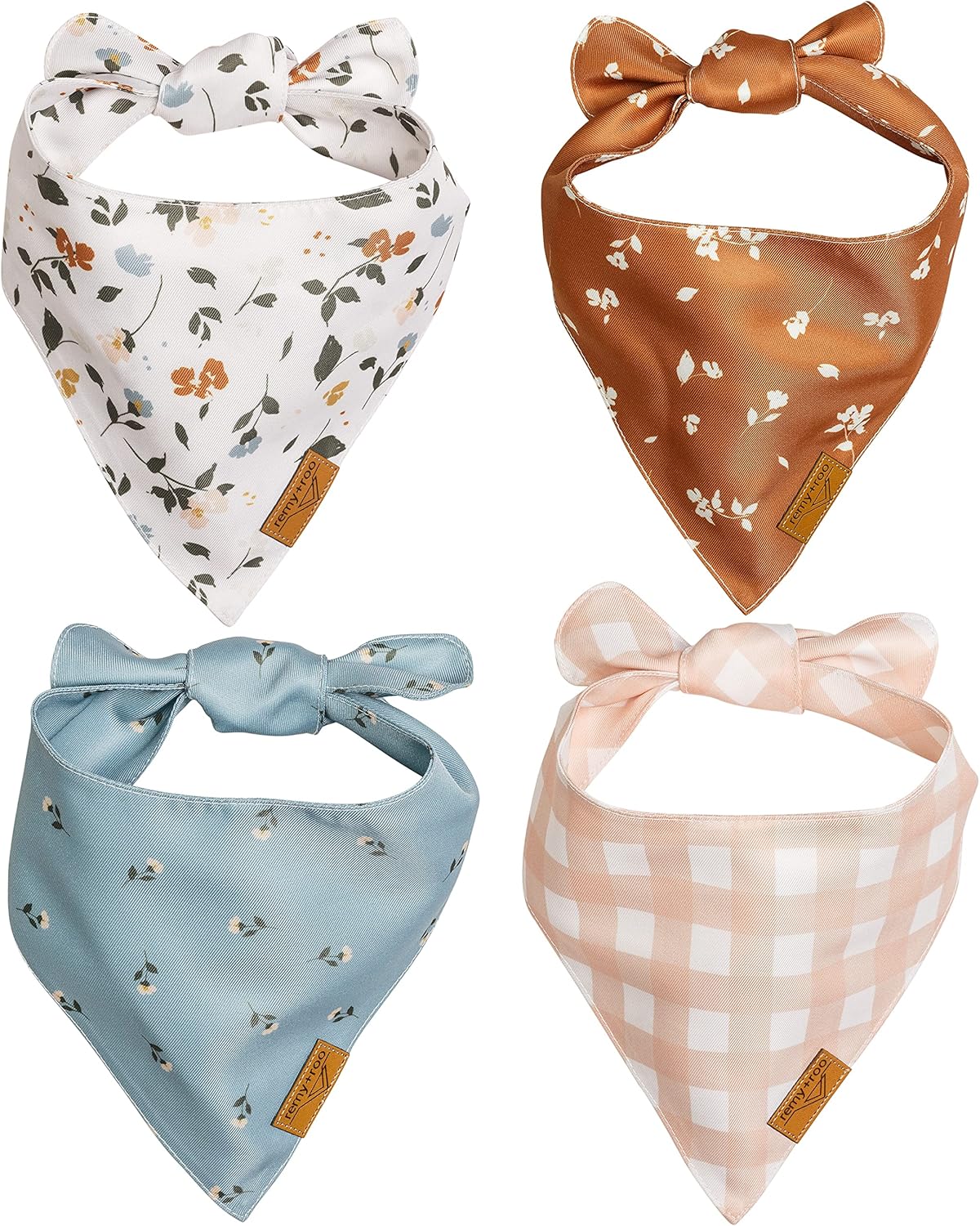 Remy+Roo Small Spring Dog Bandanas - 4 Pack Emily Set | Premium Durable Adjustable Polyester Fabric Dog Scarfs | Patented Shape Girl Dog Bandana, Trendy Patterns, Floral Dog Bandana