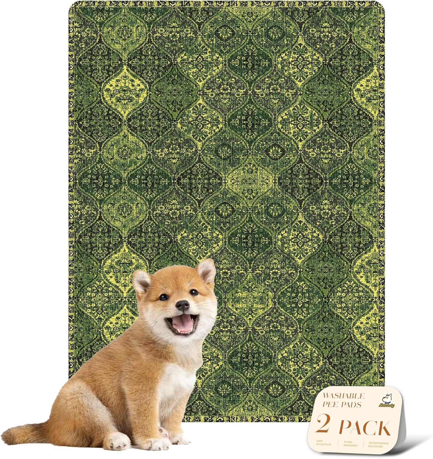 nunubaby Washable Pee Pads for Dogs, Stylish, Non-Slip and Leak-Proof Pee Pads. Reusable Potty Pads for Dogs for Crates and Floors.(Green/Multi, 18" x24")