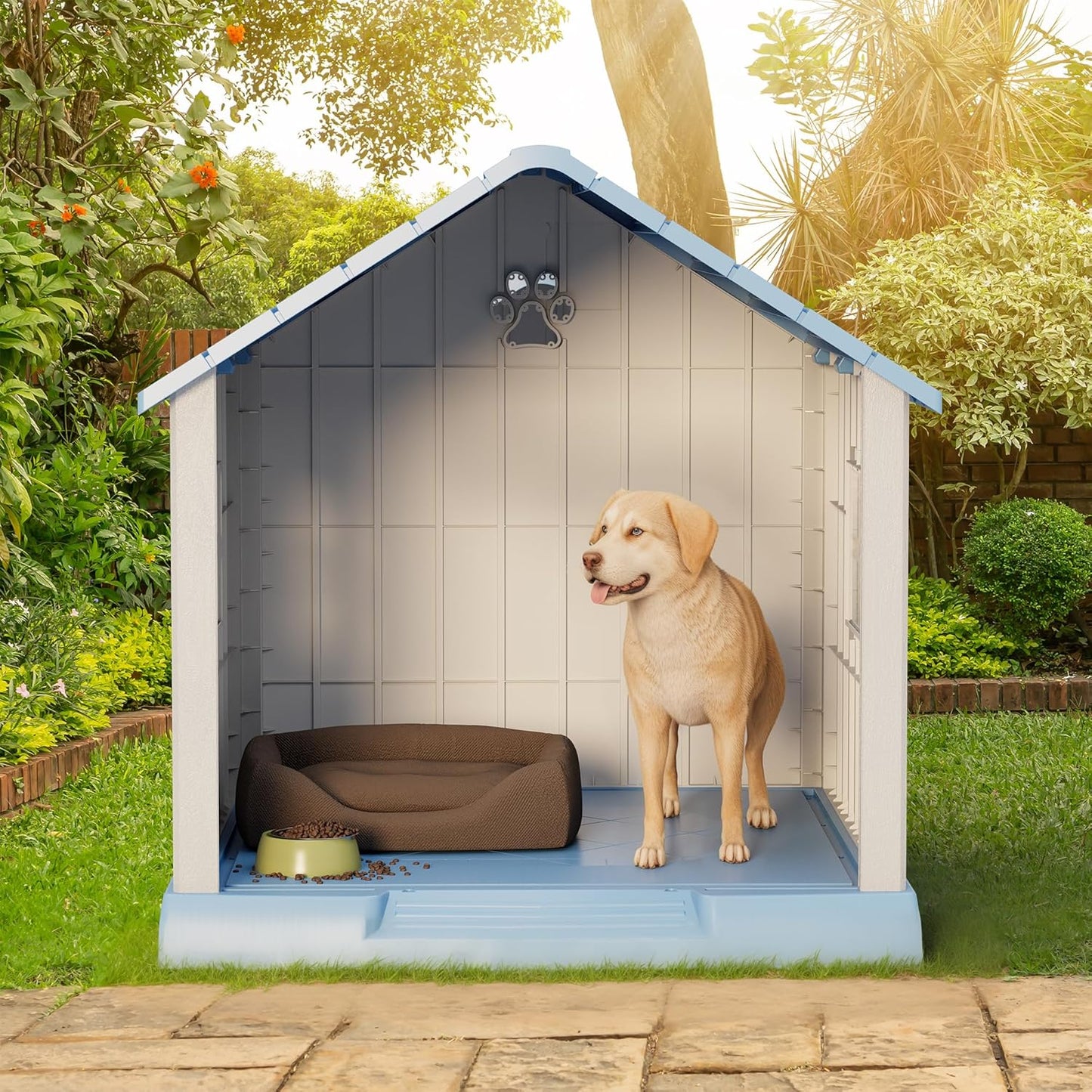 Large Dog House Outdoor Indoor for Medium Large Dogs, Durable Plastic Waterproof Doghouse with Air Vents and Elevated Floor, Easy Clean and Assemble (Blue, 37.2" L x 40" W x 40" H)