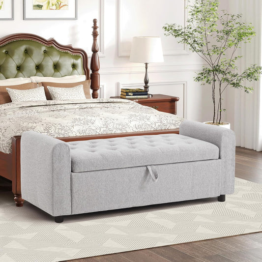 Ottoman with Storage, Tufted Storage Bench for Bedroom, 48" Fabrics End of Bed Bench, Upholstered Entryway Shoe Benches with Rolled Arm & Inner Zipper, Window Ottomans Chest without Rivets, Light Grey