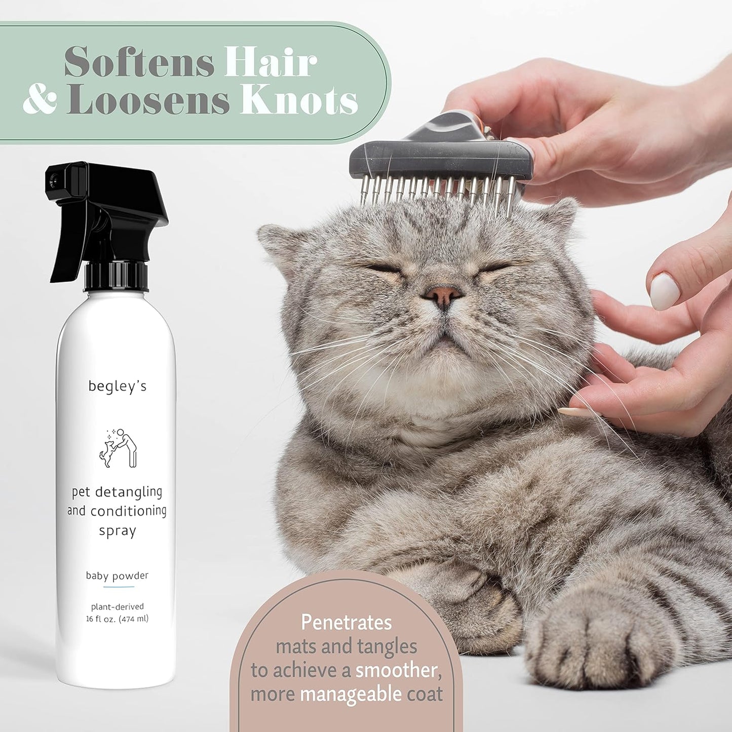 Begley's Pet Detangling Spray - Premium Essential Oil Scented Detangler Spray for Dogs, Puppies & Cats - Dog Leave in Conditioner Spray - Dematting Spray for Dogs & Pets - 16 oz, Baby Powder