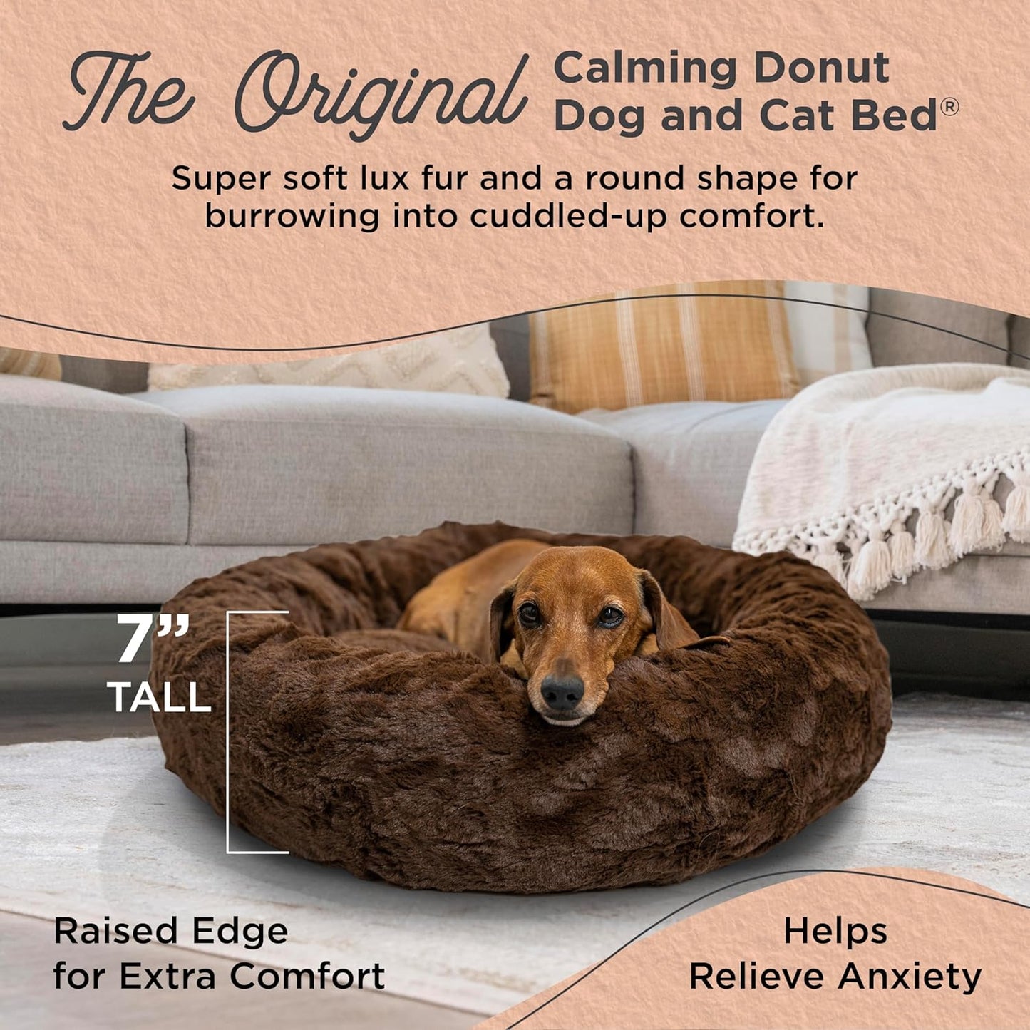 Best Friends by Sheri Original Calming Donut Dog and Cat Bed, Lux Faux Fur, Dark Brown, (23in x 23in) - Anxiety Relief for Pets Up to 25 lbs