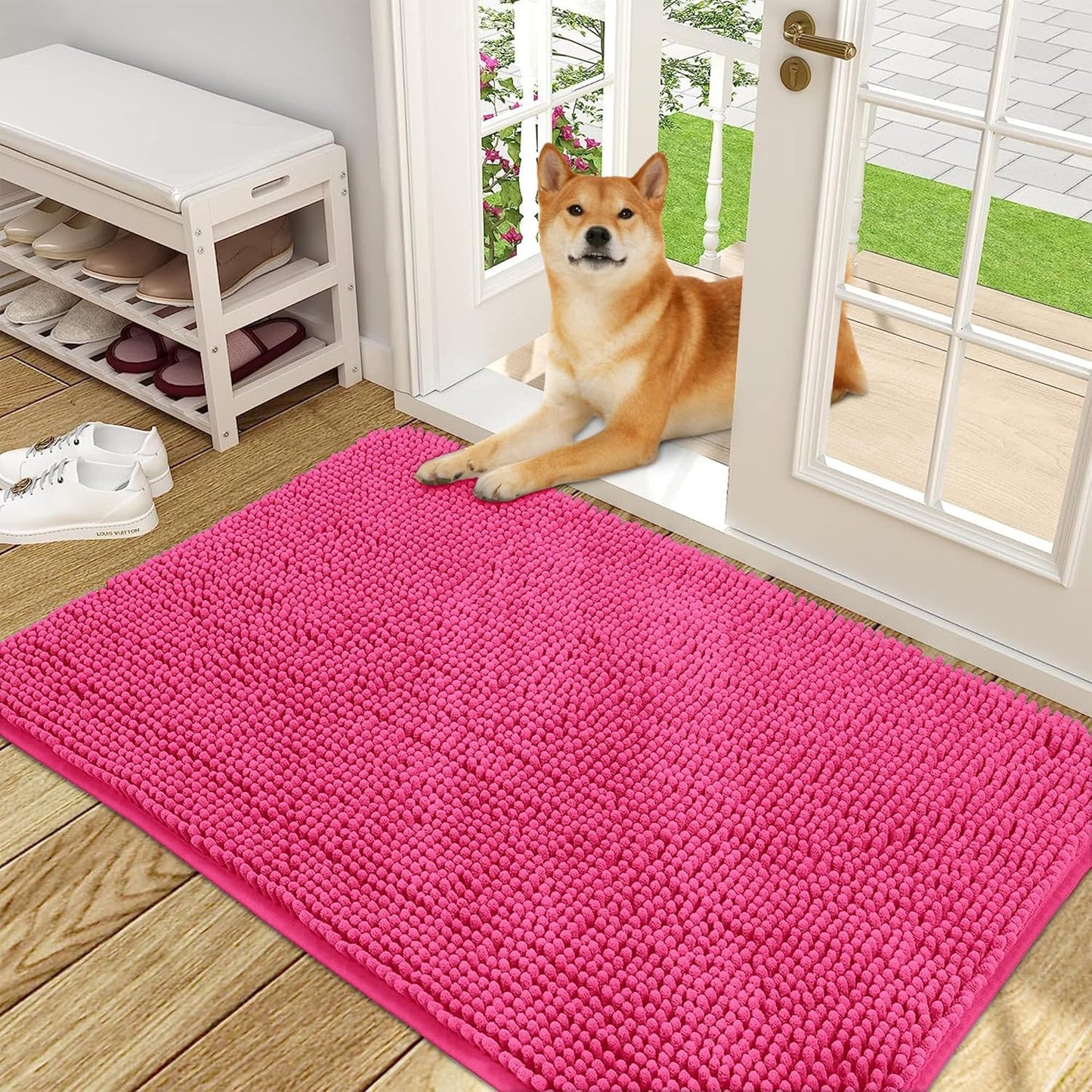 OLANLY Dog Door Mat for Muddy Paws 48x30, Absorbs Moisture and Dirt, Absorbent Non-Slip Washable Doormat, Quick Dry Chenille Mud Mat for Dogs, Entry Indoor Entryway Carpet for Inside Floor, Hot Pink