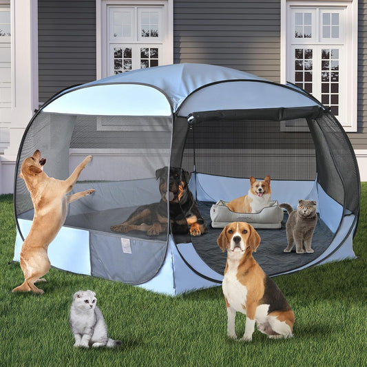 XXLarge Popup Portable Dog Houses, 10'x4.8'H Assembly-Free Gazebo-Style Kennel Dog Playpen Pet Screen Tent Sun Shade Shelter, Dog Crates Canopy for Travel Camping Anti-Bugs with Leakproof Bottom