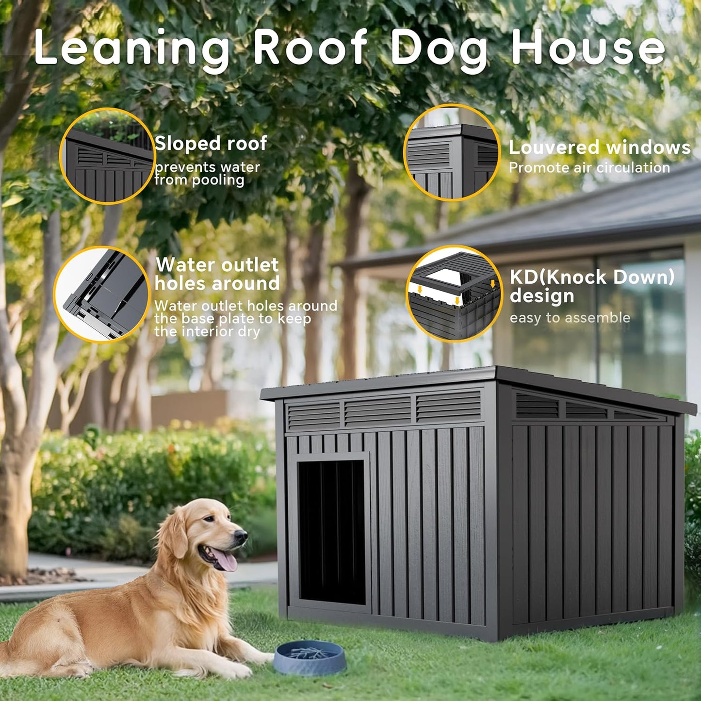 VIXZEN Dog House Indoor Outdoor,Waterproof Dog House for Small to Large Dogs,Doghouse with Air Vents and Elevated Floor,Openable at The Top,Easy to Assemble and Clean,Black,42.87"×32.95"×31.61"