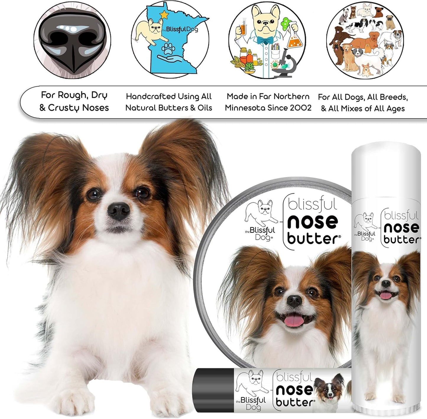 The Blissful Dog Papillon Nose Butter for Dry, Cracked Skin, Lick-Safe Dog Nose Balm with Moisturizing Shea Butter, Almond, Olive, and Essential Oils, Pet Supplies, Uncented, 0.50 oz.