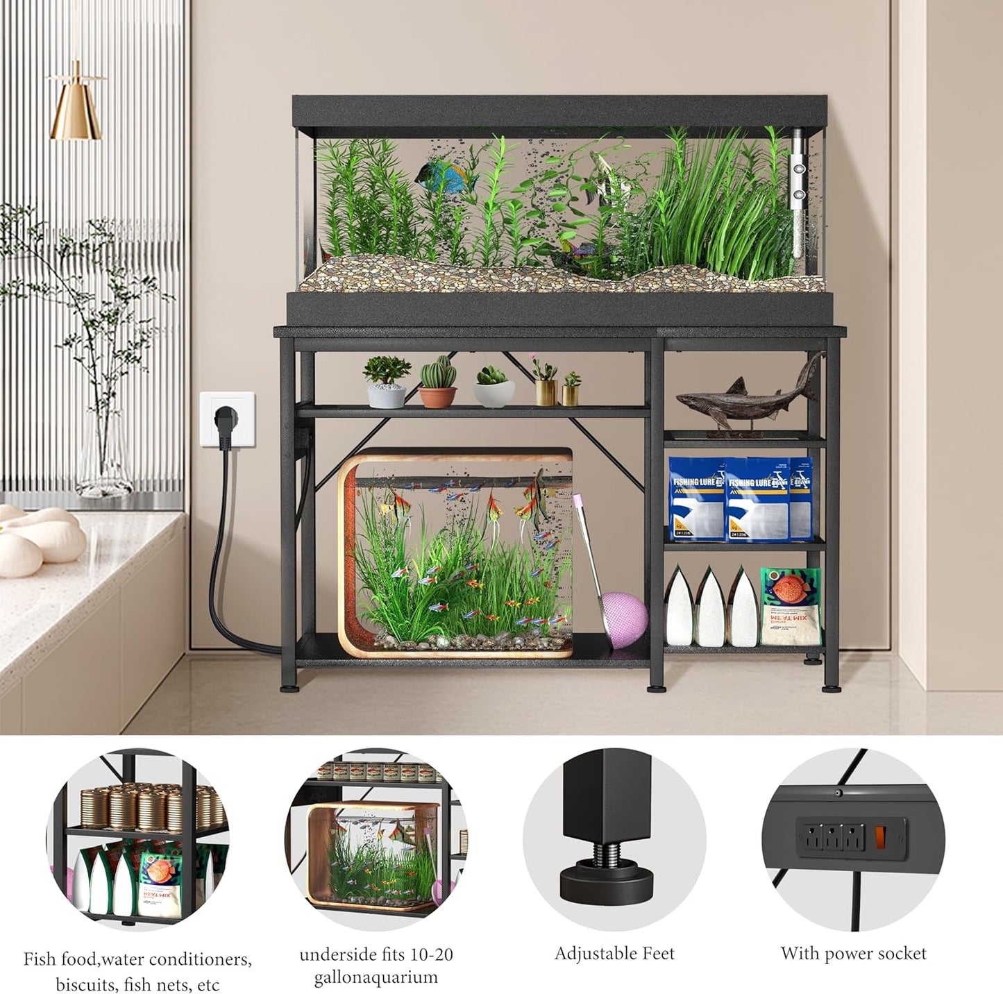55-75 Gallon Fish Tank Stand: Heavy Duty Aquarium Stand with Power Outlets and Cabinet for Fish Tank Accessories Storage - Metal Frame, 1200LBS Capacity, Suitable for Fish & Reptile Terrariums