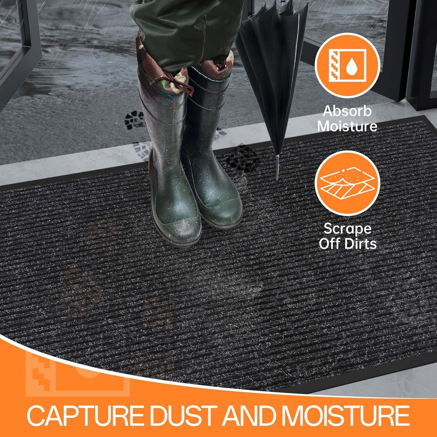 Indoor Outdoor Door Mat, 4' x 2' Doormat for Entryway, Rubber Backing Non Slip Front Door Mat Outside Entrance, Super Absorbent Commercial Floor Mat for Home Office, Black