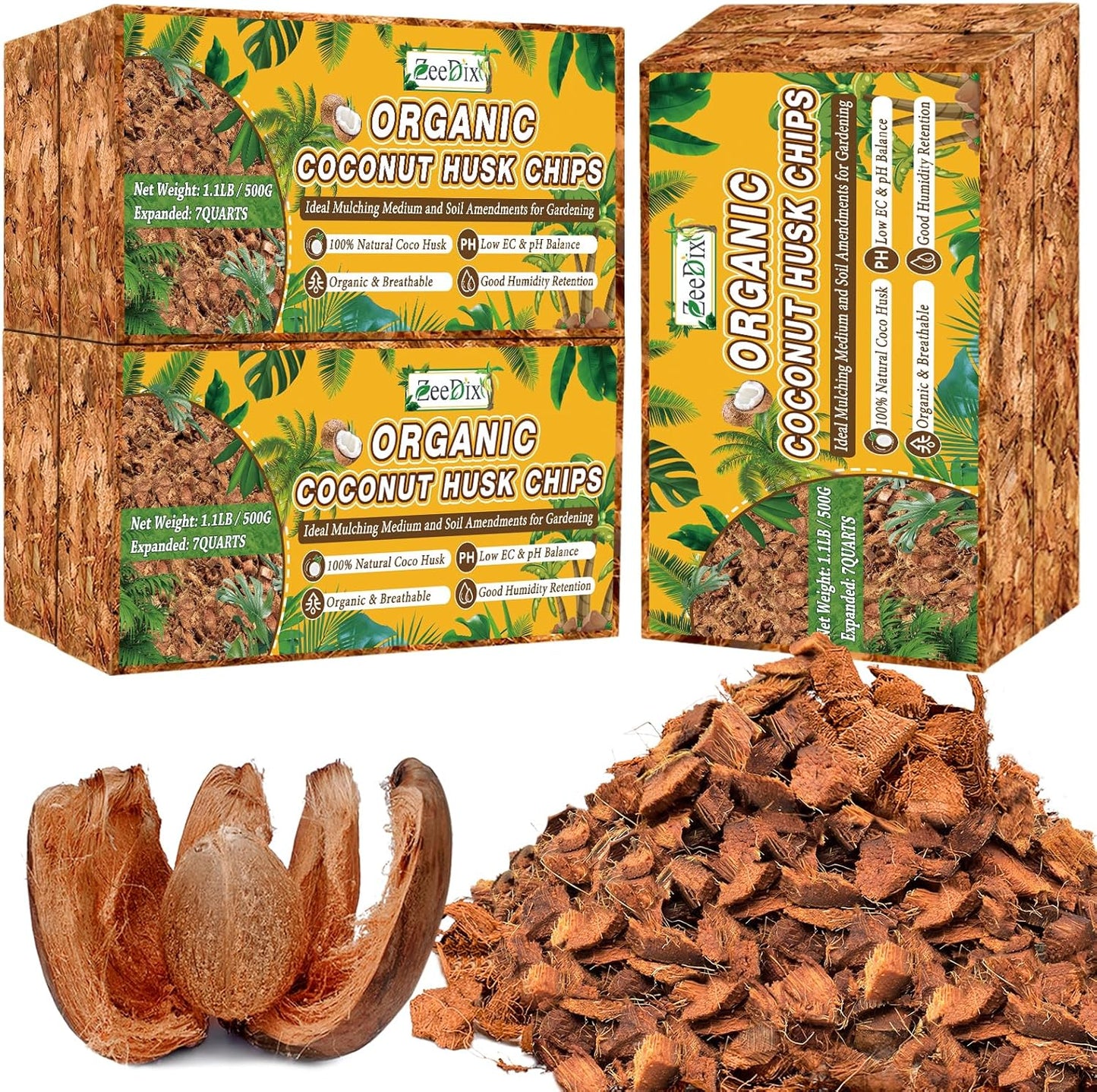 Zeedix 6 Pack Coco Husk Chips for Plants(6.6LB), 100% Organic Coconut Chips Mulch with Low EC & PH Balance, All Purpose for Indoor Plant Flowers Herbs Vegetables, Reptiles Terrarium Tanks Substrate