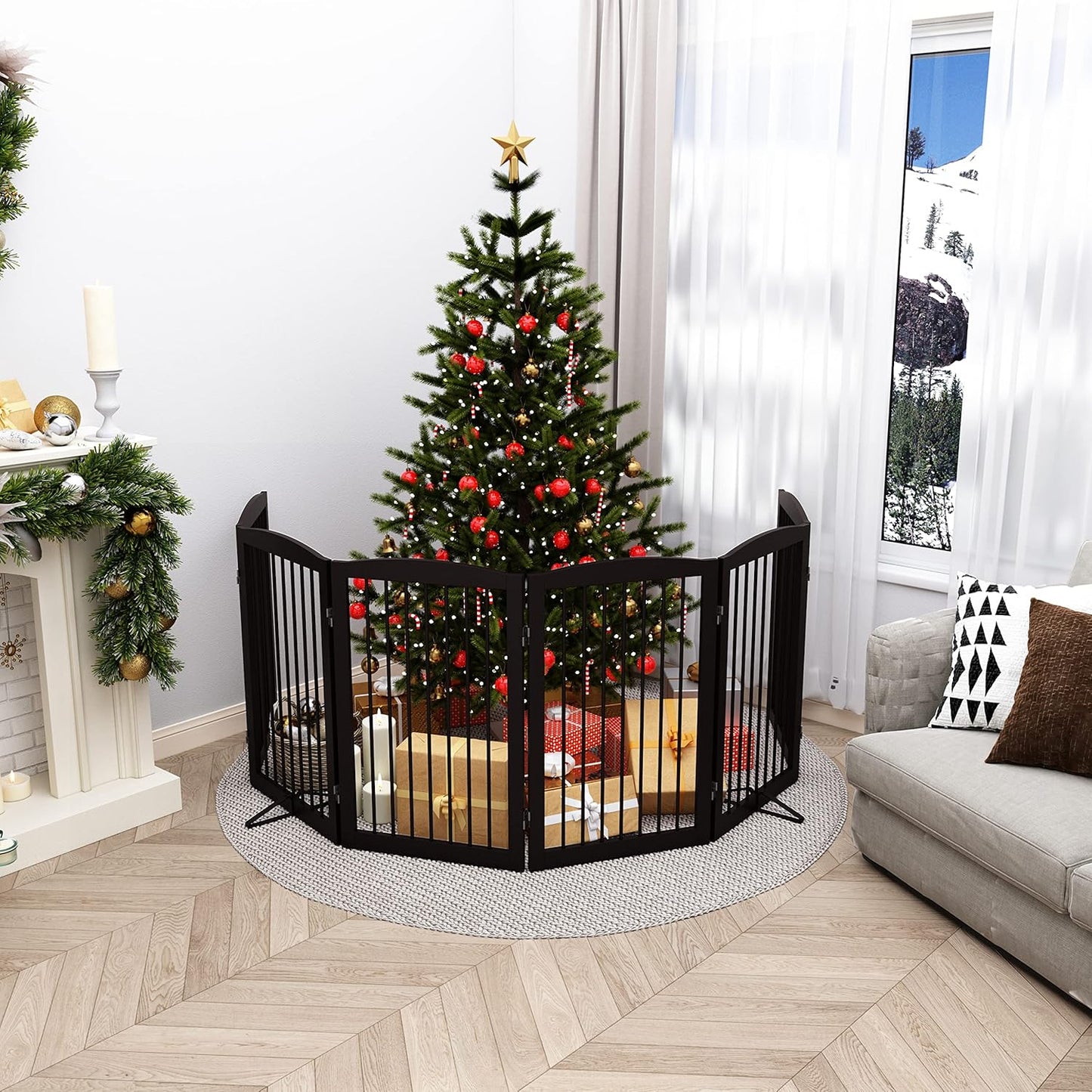 Freestanding Pet Gate for Dogs, Indoor Wooden Foldable Dog Gate for House, Extra Wide, Pet Fence for Stairs, Doorways, Halls, Support Feet Included, 120 Inch Wide, 6 Panels 32",Brown