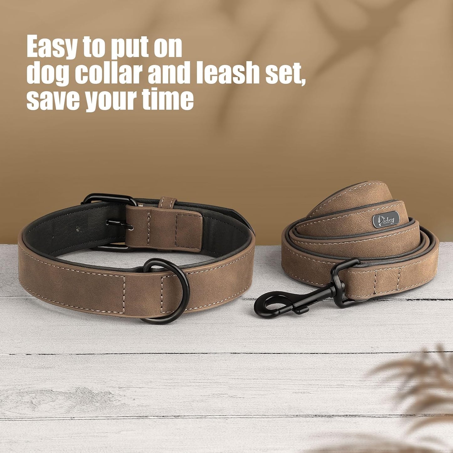 Didog Soft Padded Leather Dog Collar and Leash Set, Adjustable Dog Leash and Collar Set with Metal Buckle, Breathable Dog Collars with 4FT Leather Dog Leash for Small Medium Large Dogs, Brown, XL