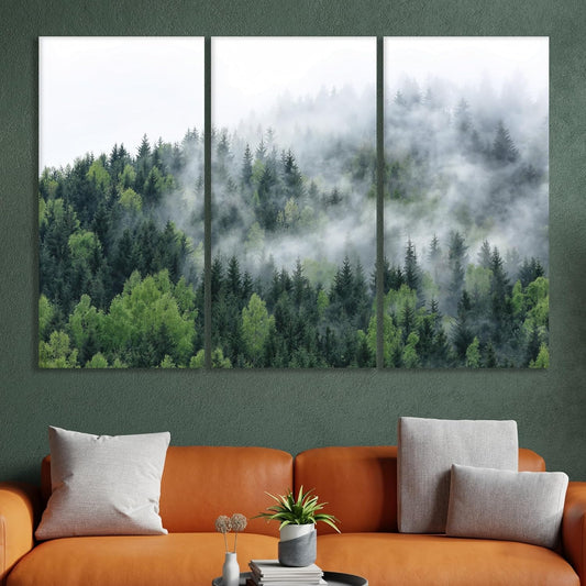 Nature Wall Art Prints - Ocean Forest Mountain Lake Canvas Landscapes - Small to Extra Large Living Room Bedroom Kitchen Bathroom Décor (Pine Trees in Fog, 35L" x 53W" - 3 Panels)