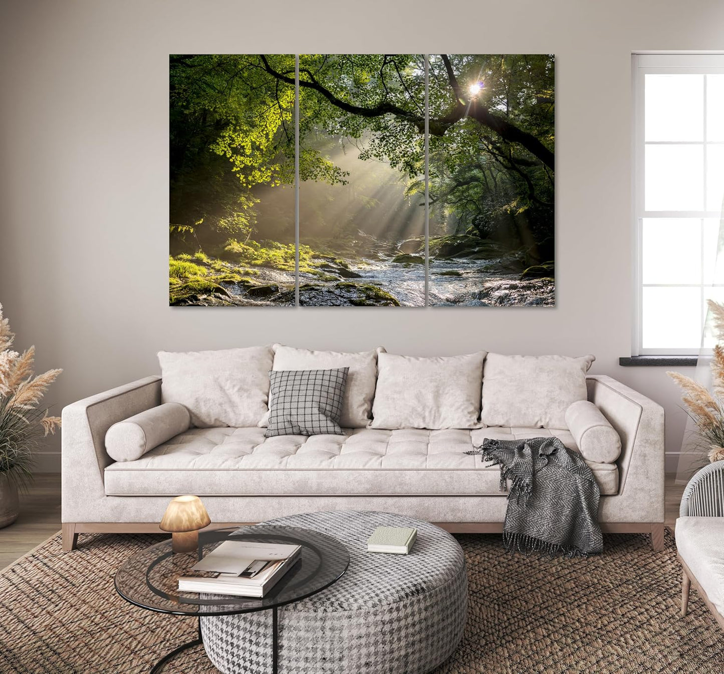Nature Wall Art Prints - Ocean Forest Mountain Lake Canvas Landscapes - Small to Extra Large Living Room Bedroom Kitchen Bathroom Décor (Rocky River in the Woods, 55L" x 83W"- 3 Panels)