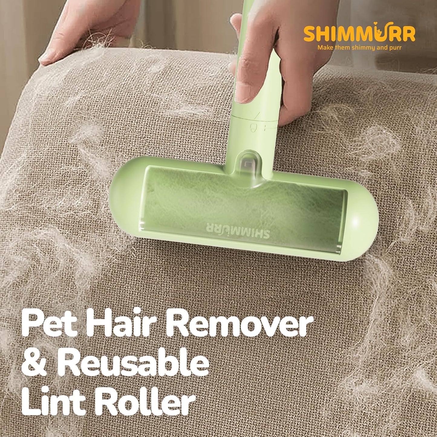Reusable Pet Hair Remover - Lint Roller for Dog & Cat Fur - for Furniture, Carpet, Clothing - Detachable Handle (Green)