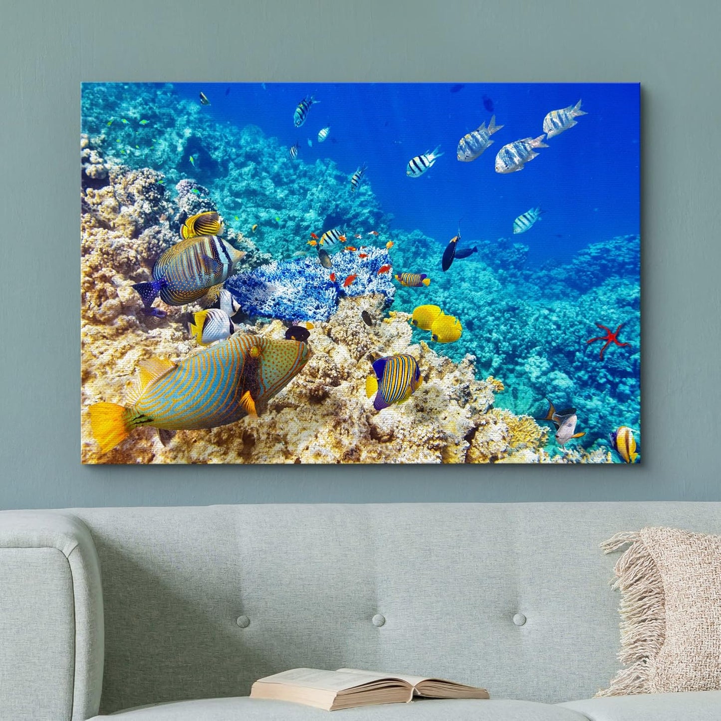 wall26 Canvas Print Wall Art Underwater Neon Blue Teal Ocean Water Fish Nature Animals Photography Realism Rustic Scenic Landscape Wilderness Earth for Living Room, Bedroom, Office - 32"x48"
