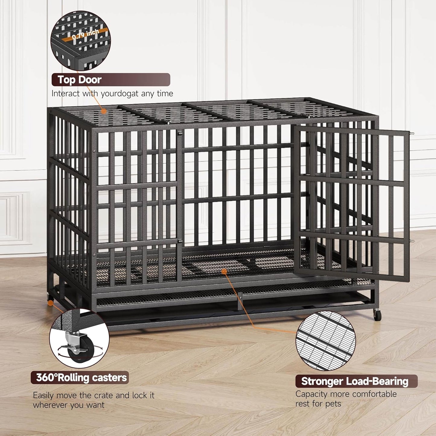 48 Inch Heavy Duty Indestructible Dog Crate Steel Escape Proof, High Anxiety Cage, Kennel with Wheels, Removable Tray, Extra Large XL XXL