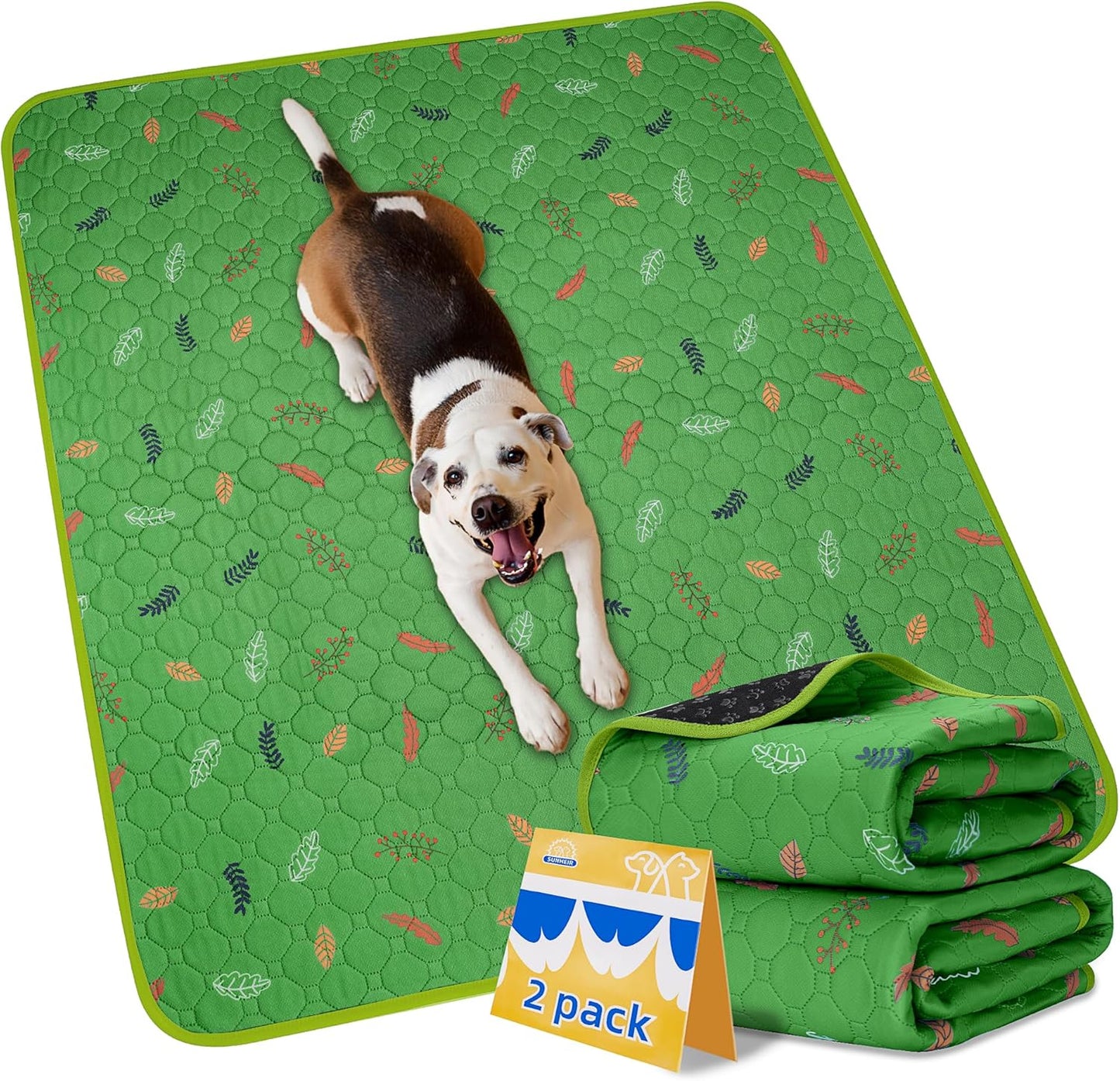 Sunheir 2-Pack Extra Large Reusable Dog Mat for Floor, Dog Playpen, Non-Slip Waterproof Super Absorbent Washable Pee Pads for Dogs, Pet Whelping Pads, Potty Training - Green, 36" x 48"