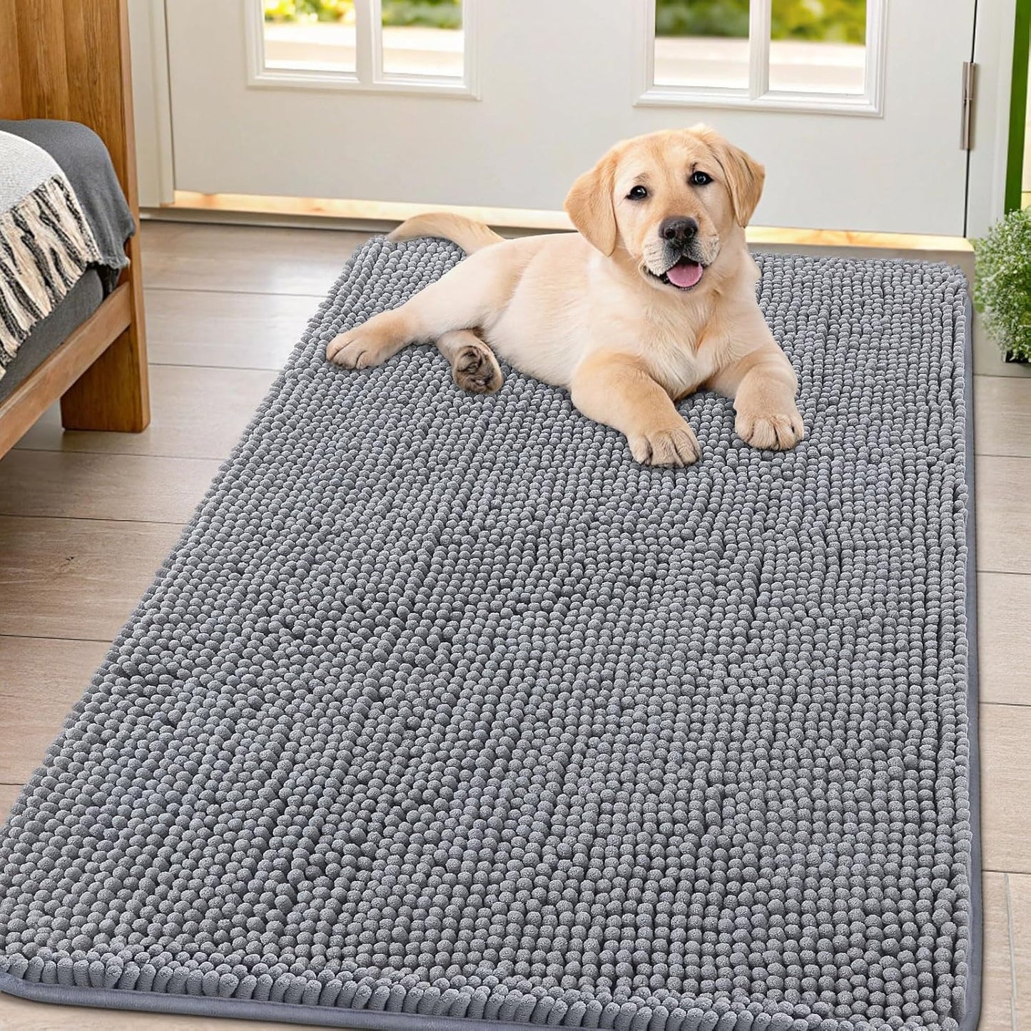 Smiry Dog Door Mat for Muddy Paws 44x32, Absorbs Moisture and Dirt Doormat, Non-Slip Washable Quick Dry Chenille Front Door Mat Indoor Entrance, Entryway Carpet for Inside Floor, Grey