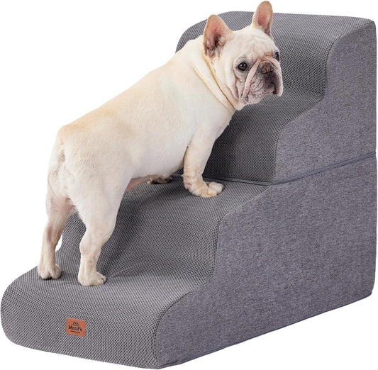 Gray Curved Dog Stairs Ramp for High Beds 22.8" H, 4-Step Dog Steps for Small Dogs and Cats, Pet Stairs for High Bed Climbing, Non-Slip Balanced Pet Step