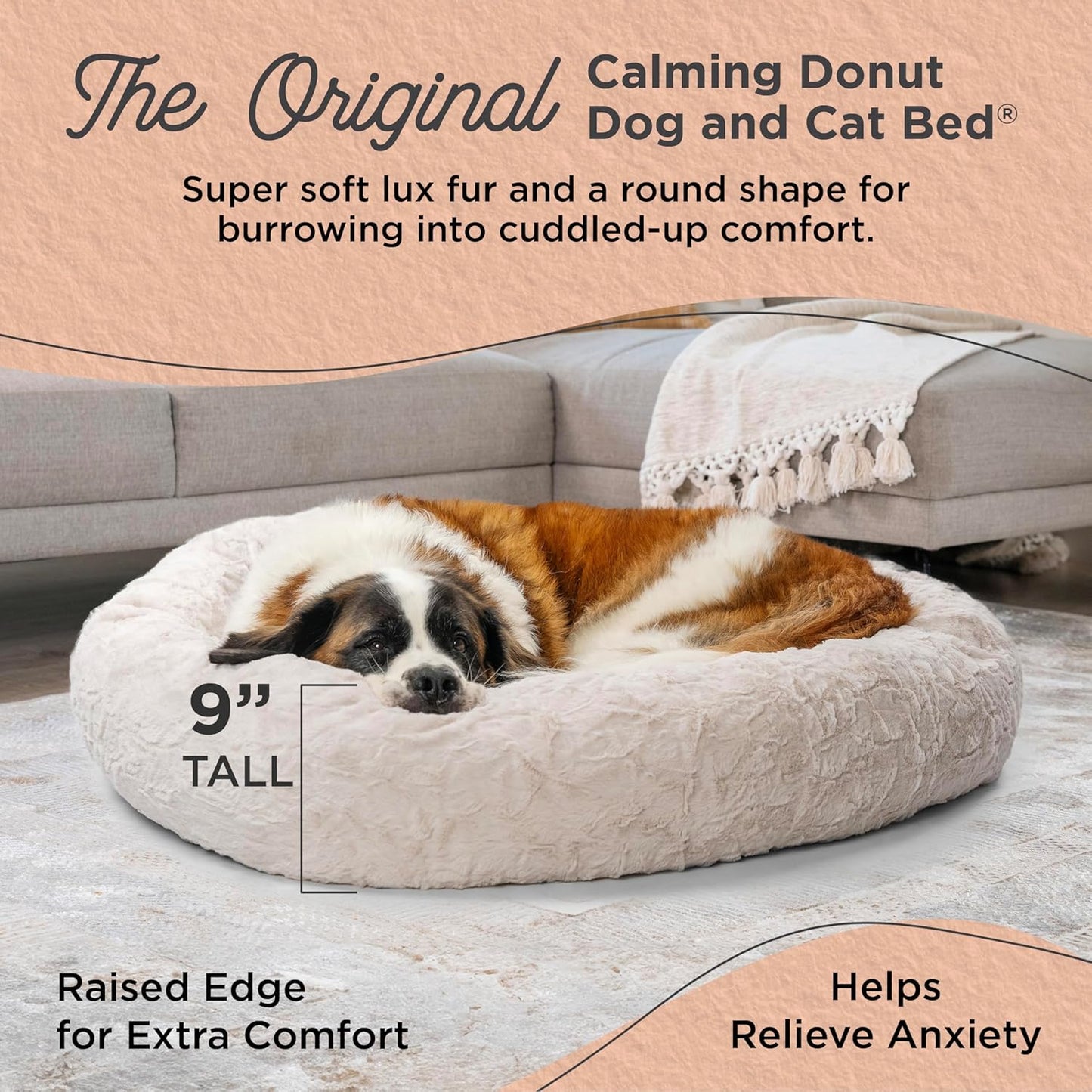 Best Friends by Sheri Original Calming Donut Dog and Cat Bed, Lux Faux Fur, Oyster, XL (45in x 45in) - Anxiety Relief for Pets Up to 150 lbs