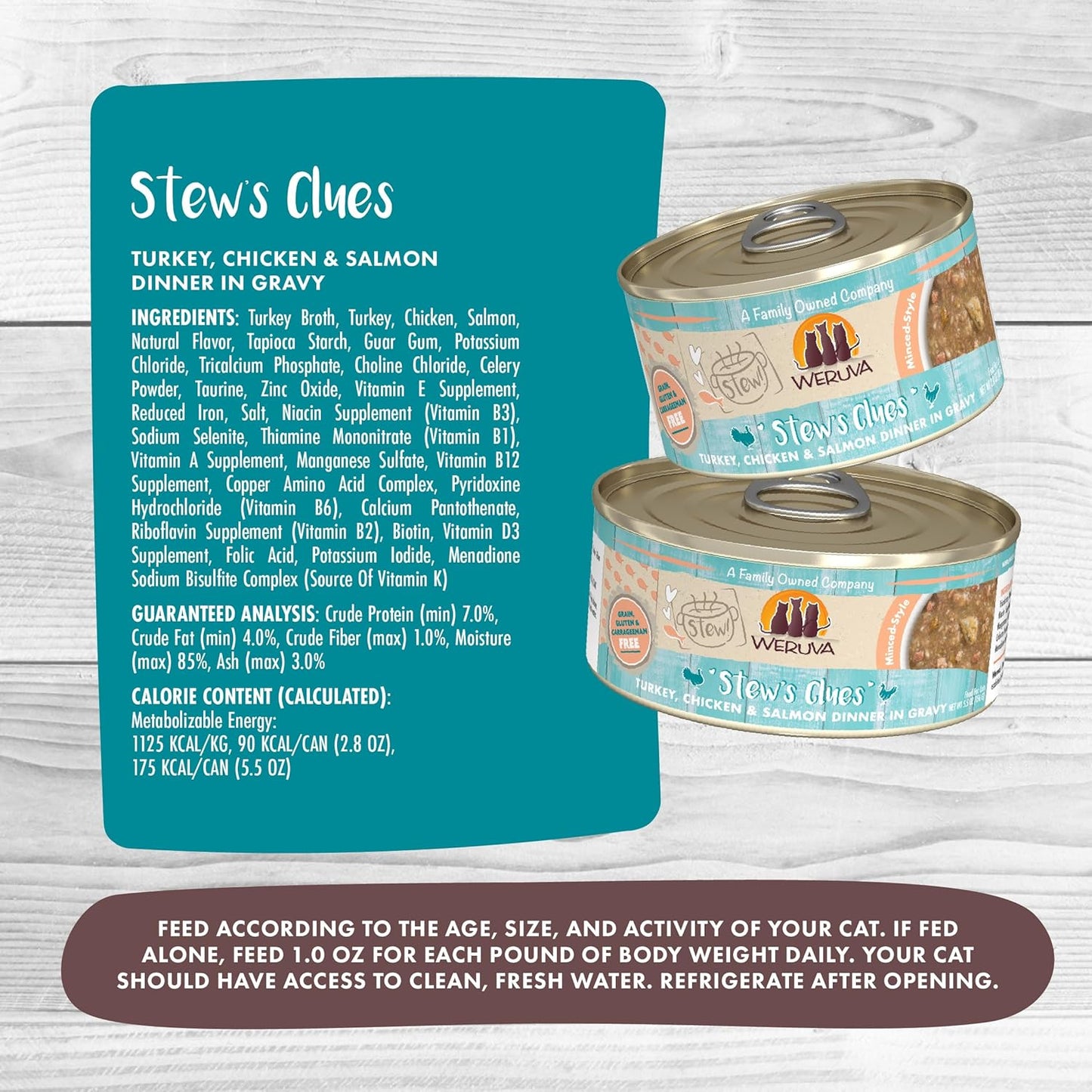Weruva Classic Cat Stews!, Stew's Clues with Turkey, Chicken & Salmon in Gravy, 5.5oz Can (Pack of 8)
