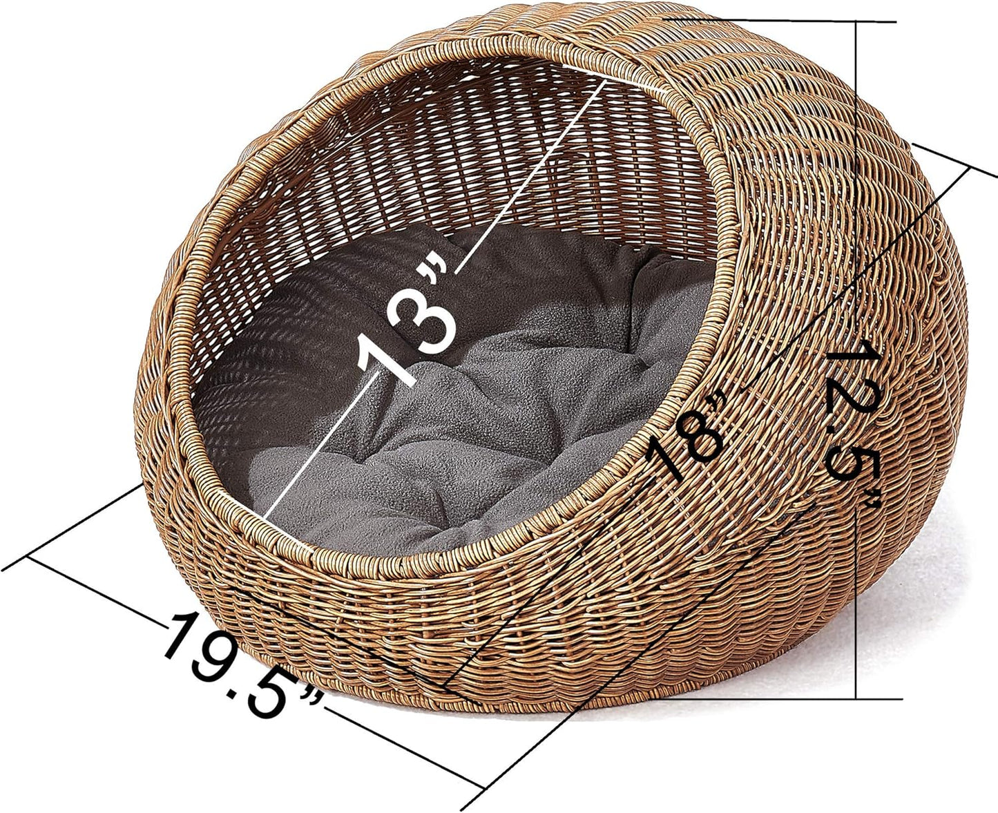 D+GARDEN Wicker Cat Bed Dome for Medium Indoor Cats - a Covered Cat Hideaway Hut of Faux Rattan Houses Pets in Dome Basket, Washable