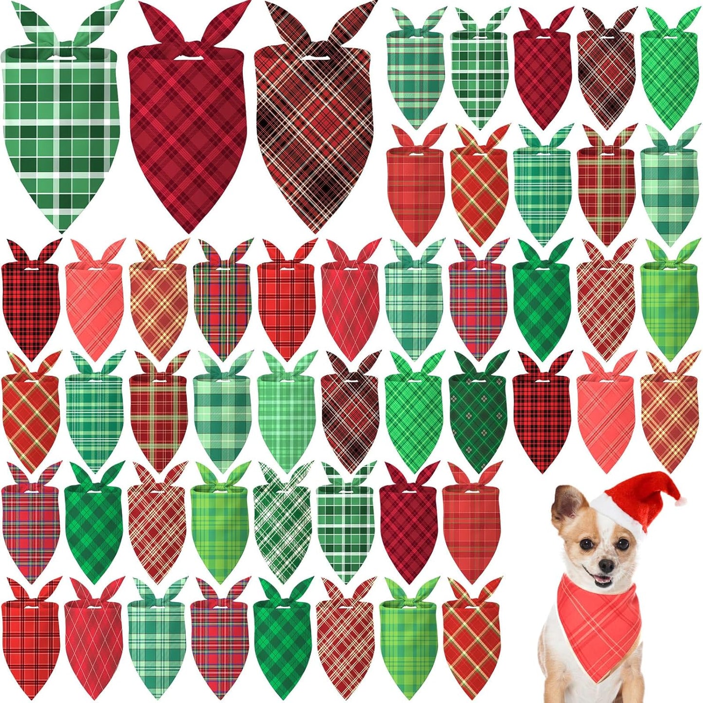 Abbylike 50 Pieces Christmas Plaid Dog Bandanas Bulk Xmas Bandanas for Dogs Triangle Kerchief Bibs Scarf Set for Christmas Pet Costume Accessories Decoration (25.6 x 17.7 x 17.7)