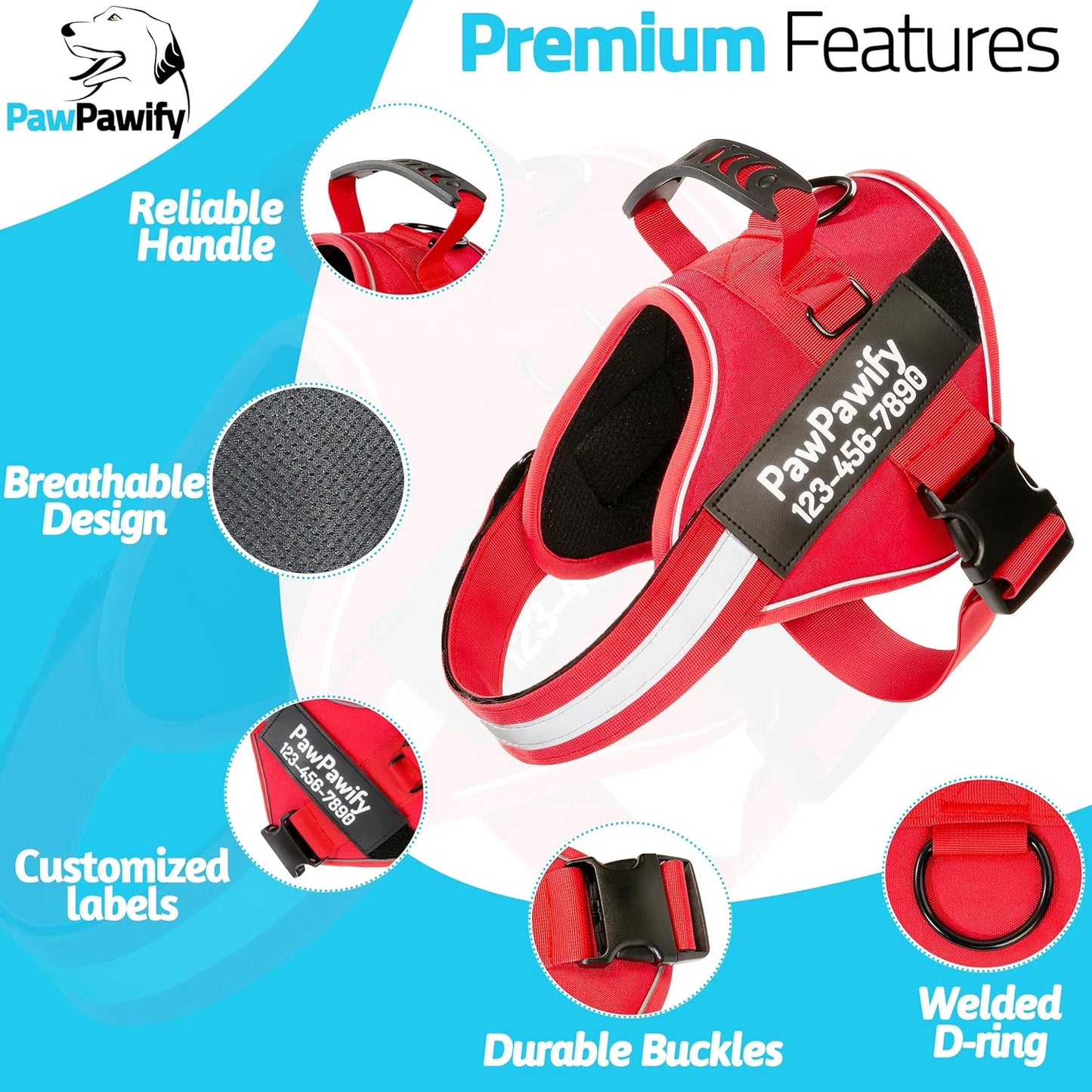 PawPawify Custom No Pull Dog Harness with Name and Phone Number, Heavy Duty Personalized Pet Vest to Prevent Tugging, Pulling, or Choking, Training and Walking (New Red, XS (5-9LBS))