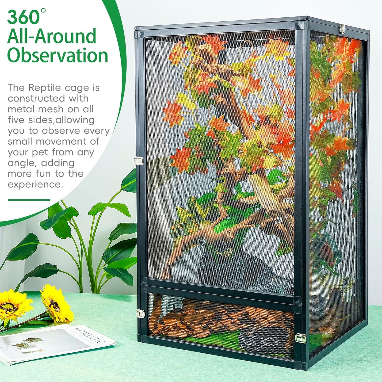 45 Gal Detachable and Foldable Reptile Butterfly Cage Terrarium, 360° Observation, Airflow, Interaction in Gecko Tank for Crested Geckos, Leopard Geckos, Chameleons, Bearded Dragons