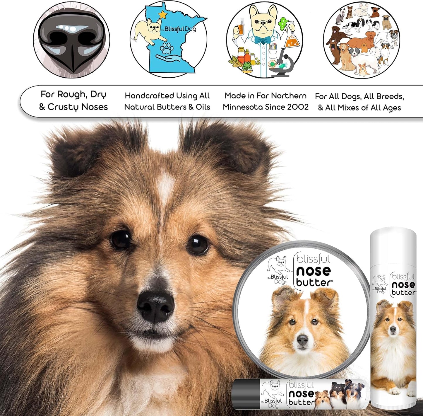 The Blissful Dog Shetland Sheepdog Nose Butter for Dry, Cracked Skin, Lick-Safe Dog Nose Balm with Moisturizing Shea Butter, Almond, Olive, and Essential Oils, Pet Supplies, Uncented, 8 oz.