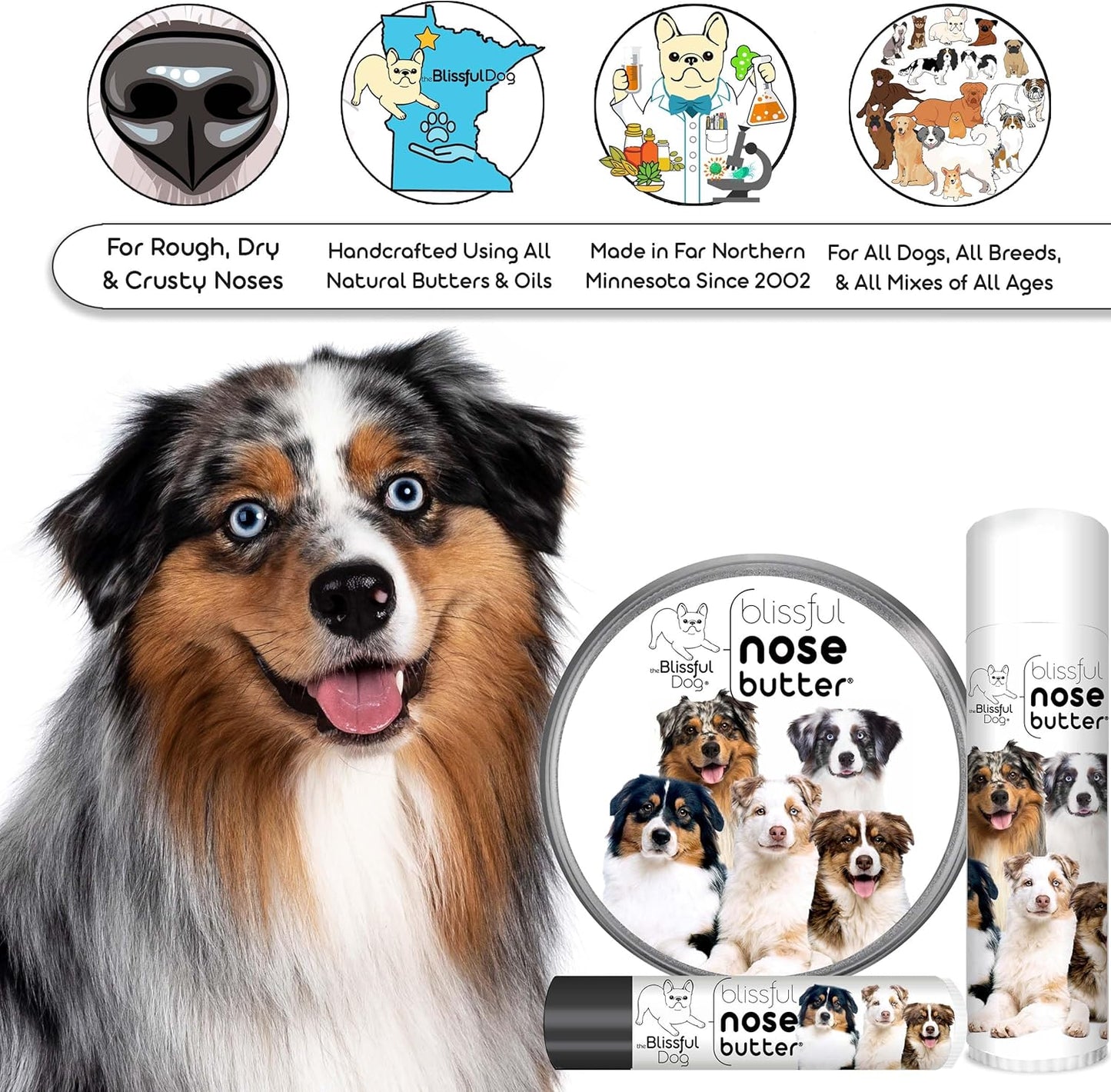 The Blissful Dog Australian Shepherd Nose Butter for Dry, Cracked Skin, Lick-Safe Dog Nose Balm with Moisturizing Shea Butter, Almond, Olive, and Essential Oils, Pet Supplies, Uncented, 0.50 oz.