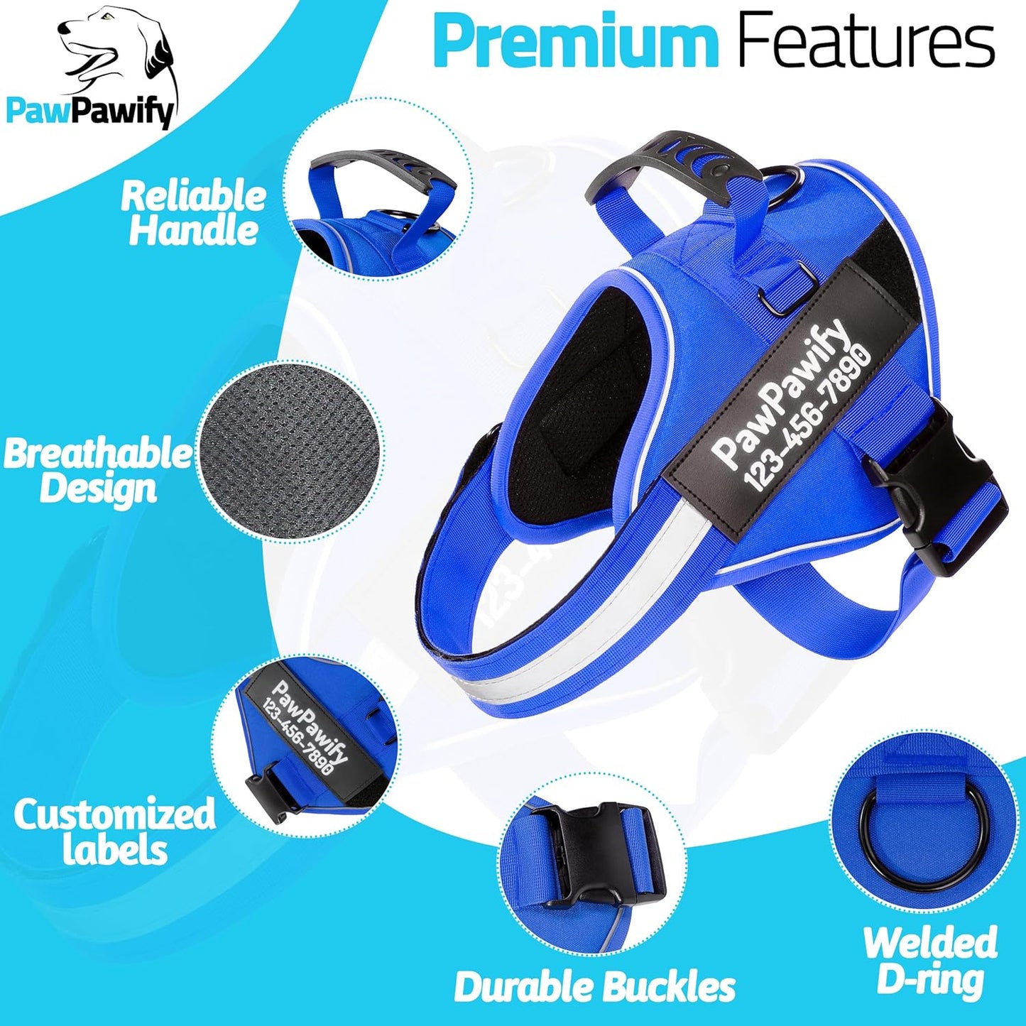 PawPawify Custom No Pull Dog Harness with Name and Phone Number, Heavy Duty Personalized Pet Vest to Prevent Tugging, Pulling, or Choking, Training and Walking (New Blue, M (20-40 LBS))